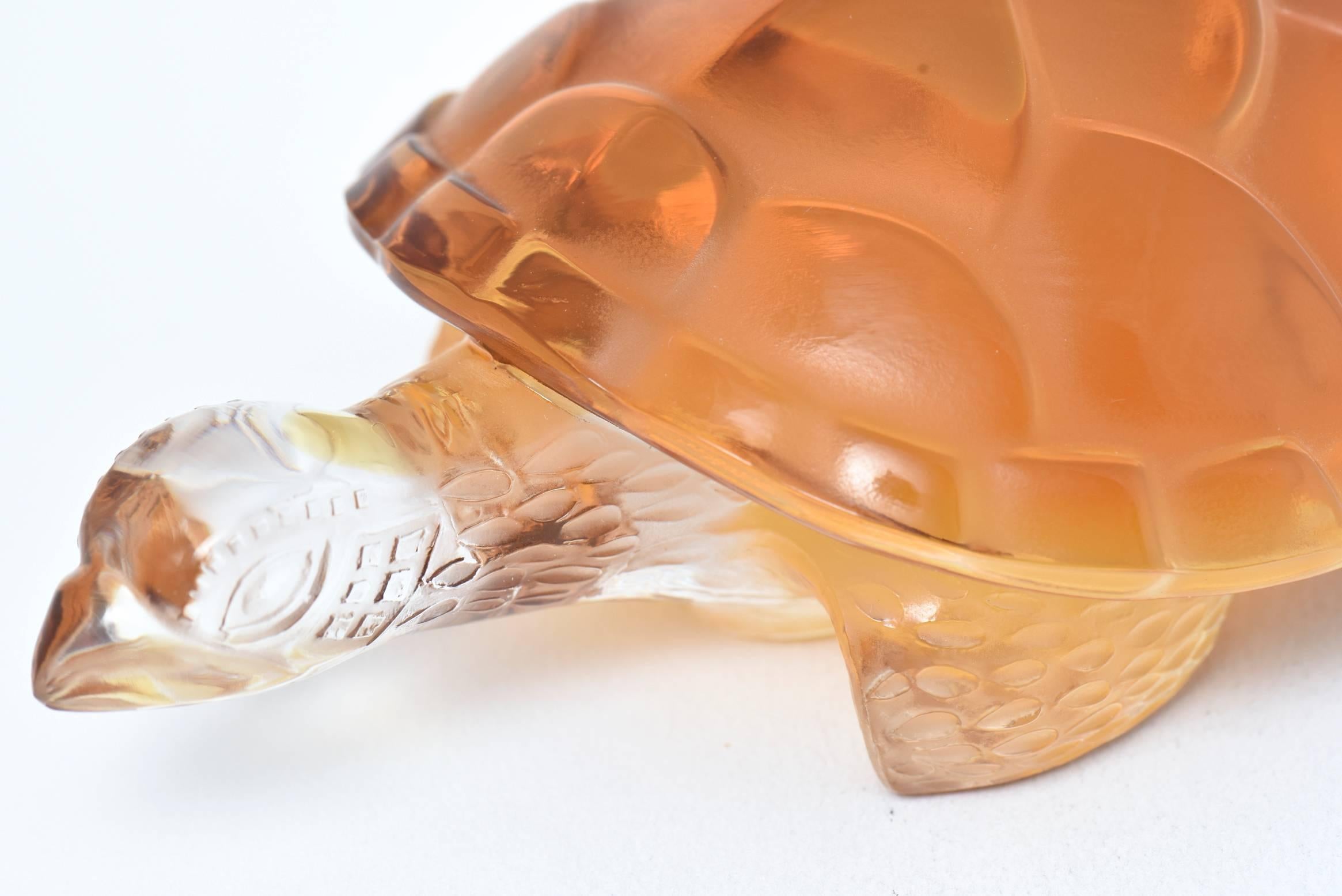 Lalique Clear and Amber Art Glass Caroline Tortoise Turtle Figurine 1