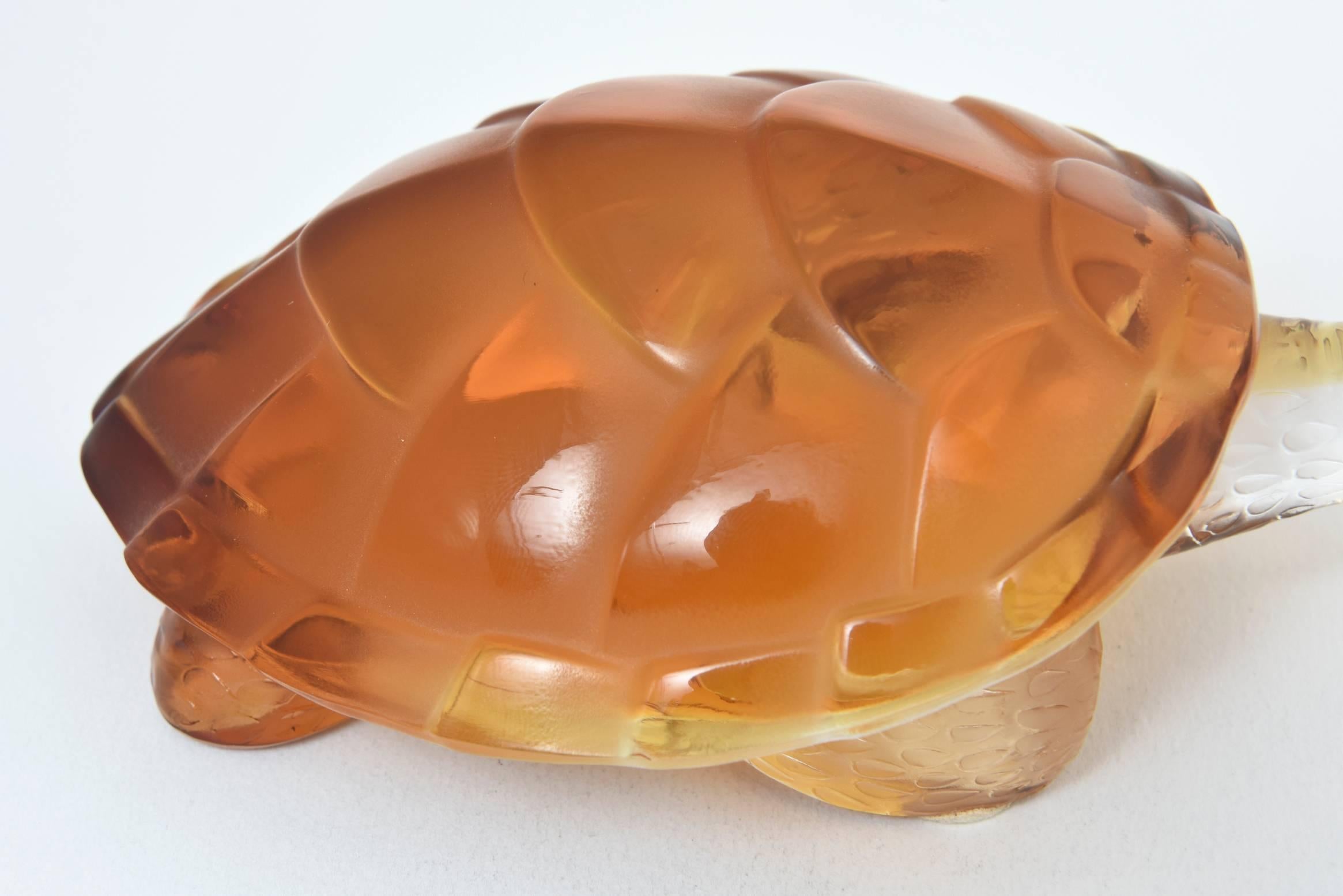 French Lalique Clear and Amber Art Glass Caroline Tortoise Turtle Figurine