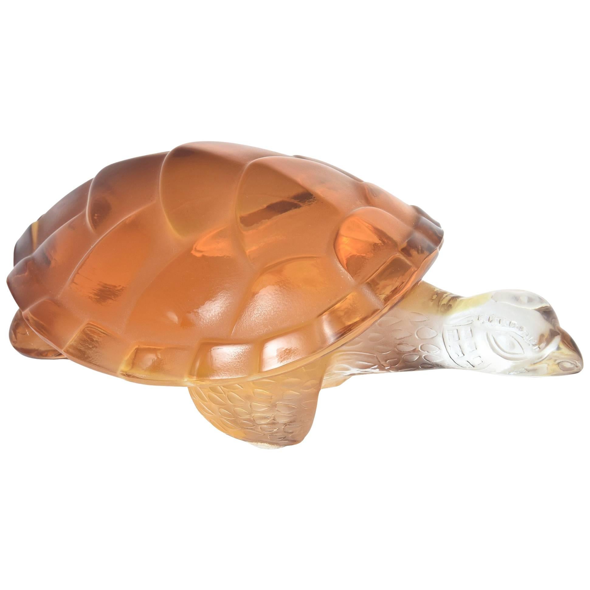 Lalique Clear and Amber Art Glass Caroline Tortoise Turtle Figurine