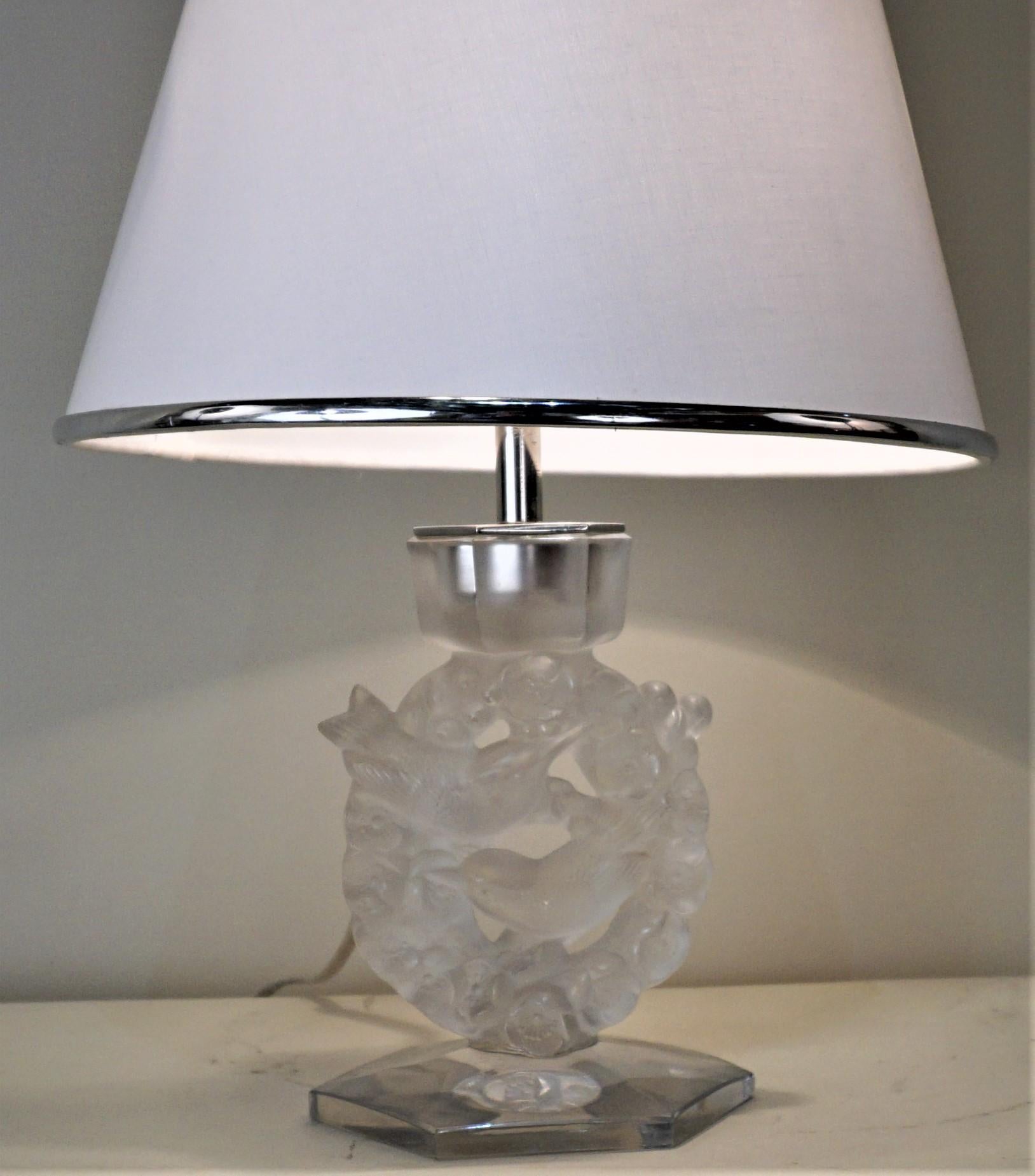 French Lalique Clear and Frosted Crystal Candlestick Table Lamp