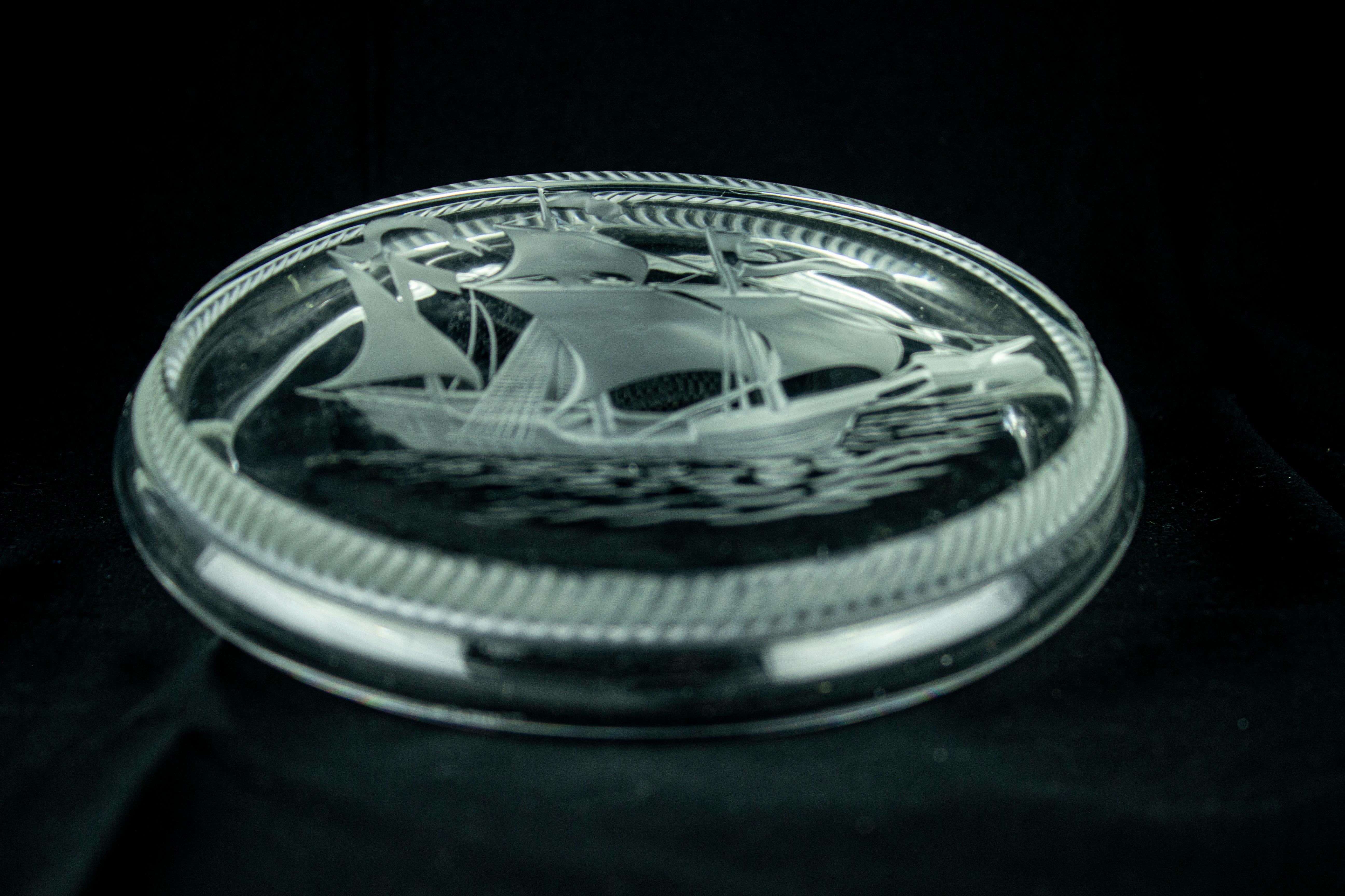 Art Deco Lalique Crystal Cigar Ashtray Motif of Boat For Sale