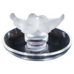 Vintage Lalique Crystal Frosted Glass Jewelry Ring Holder Lovebirds Dove Bird Dish