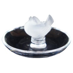 Retro Lalique Crystal Frosted Glass Jewelry Trinket Ring Holder Sparrow Bird Dish
