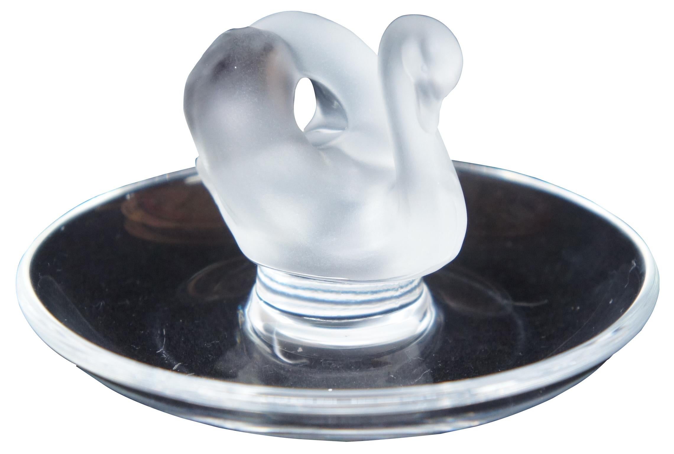 Vintage Lalique French crystal ring holder dish with frosted glass swan centerpiece. Measure: 4