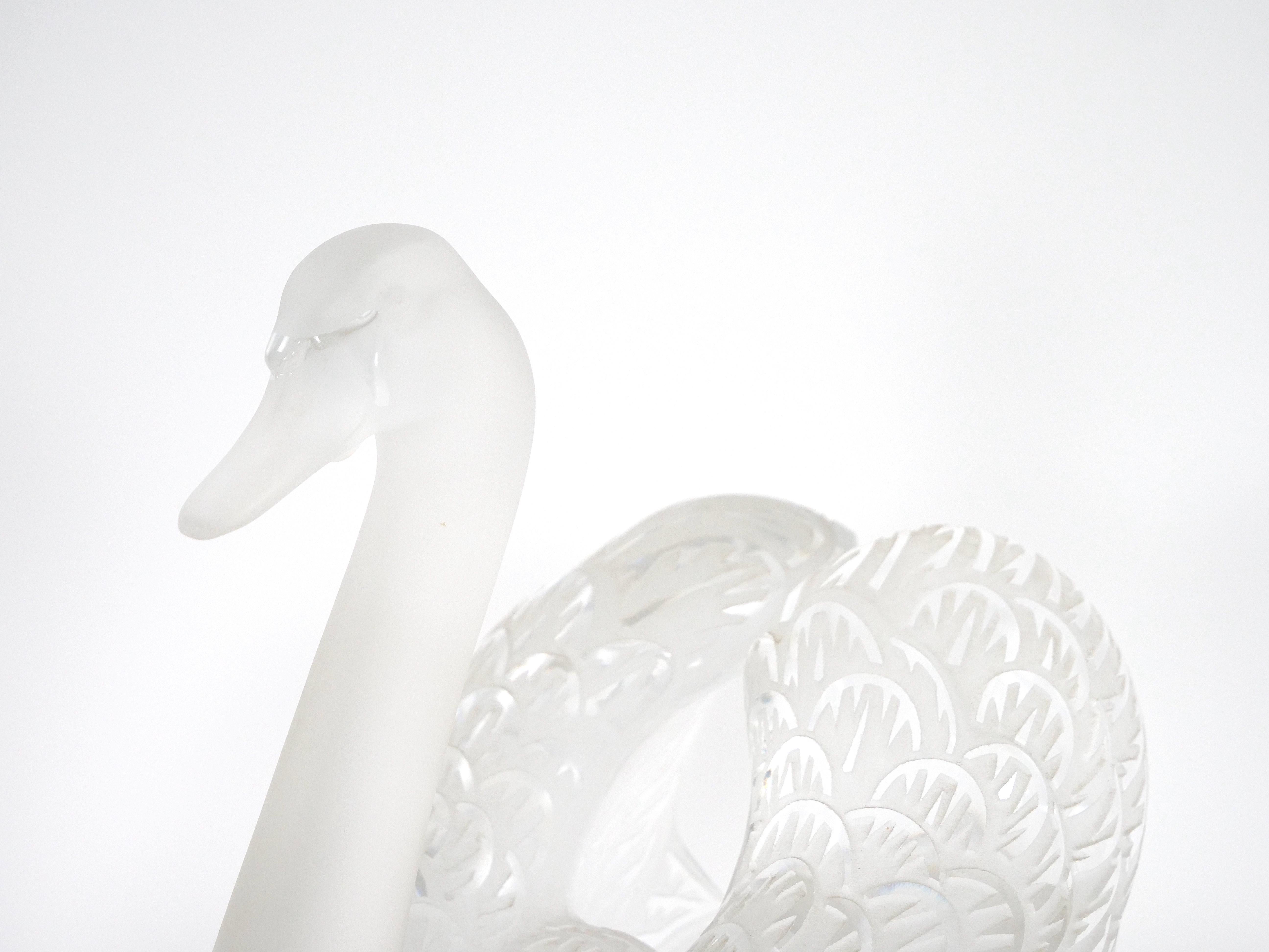  Lalique Crystal Frosted Head Down Swan Sculpture Resting On Mirrored Plateau For Sale 10