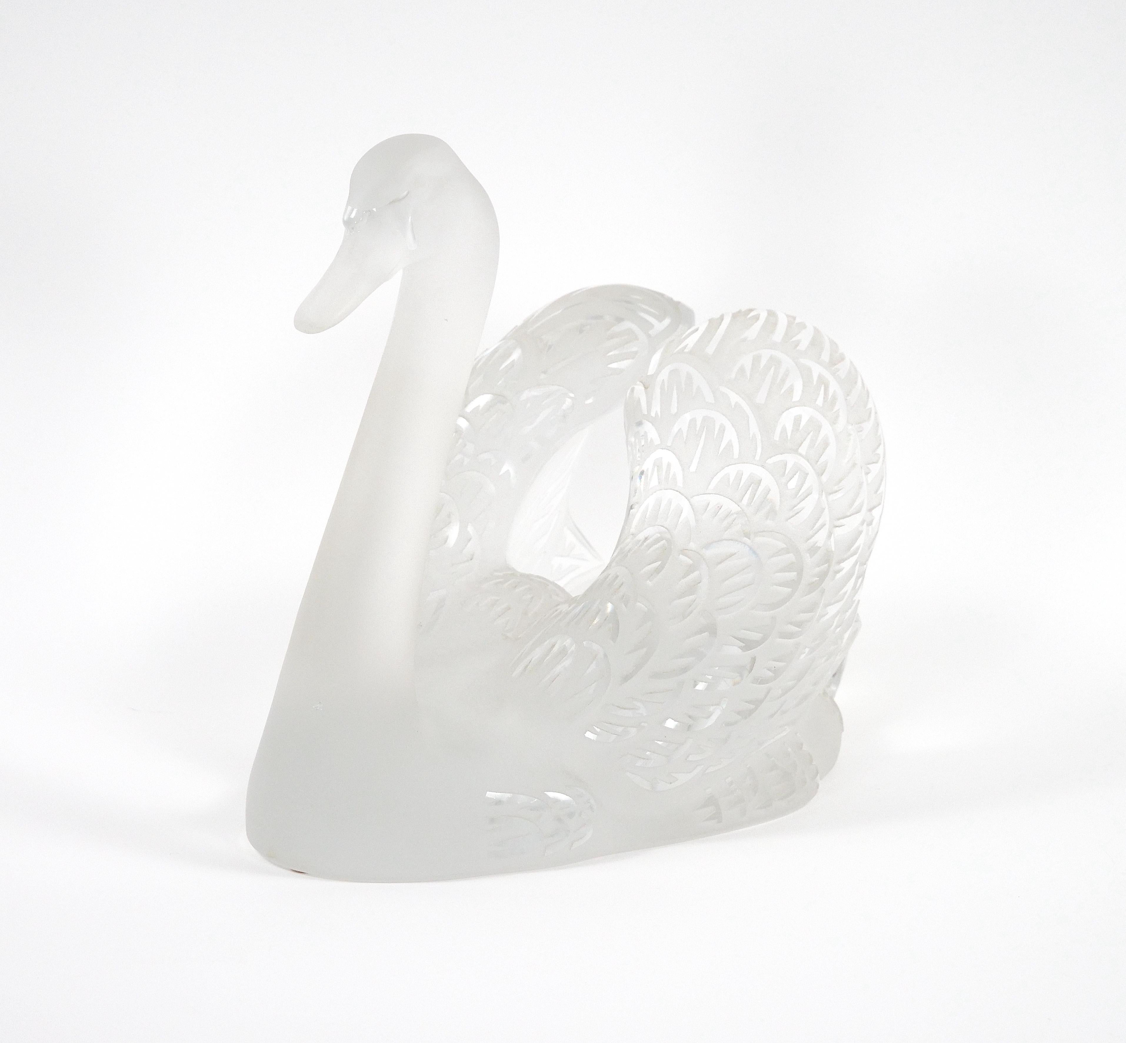 French  Lalique Crystal Frosted Head Down Swan Sculpture Resting On Mirrored Plateau For Sale