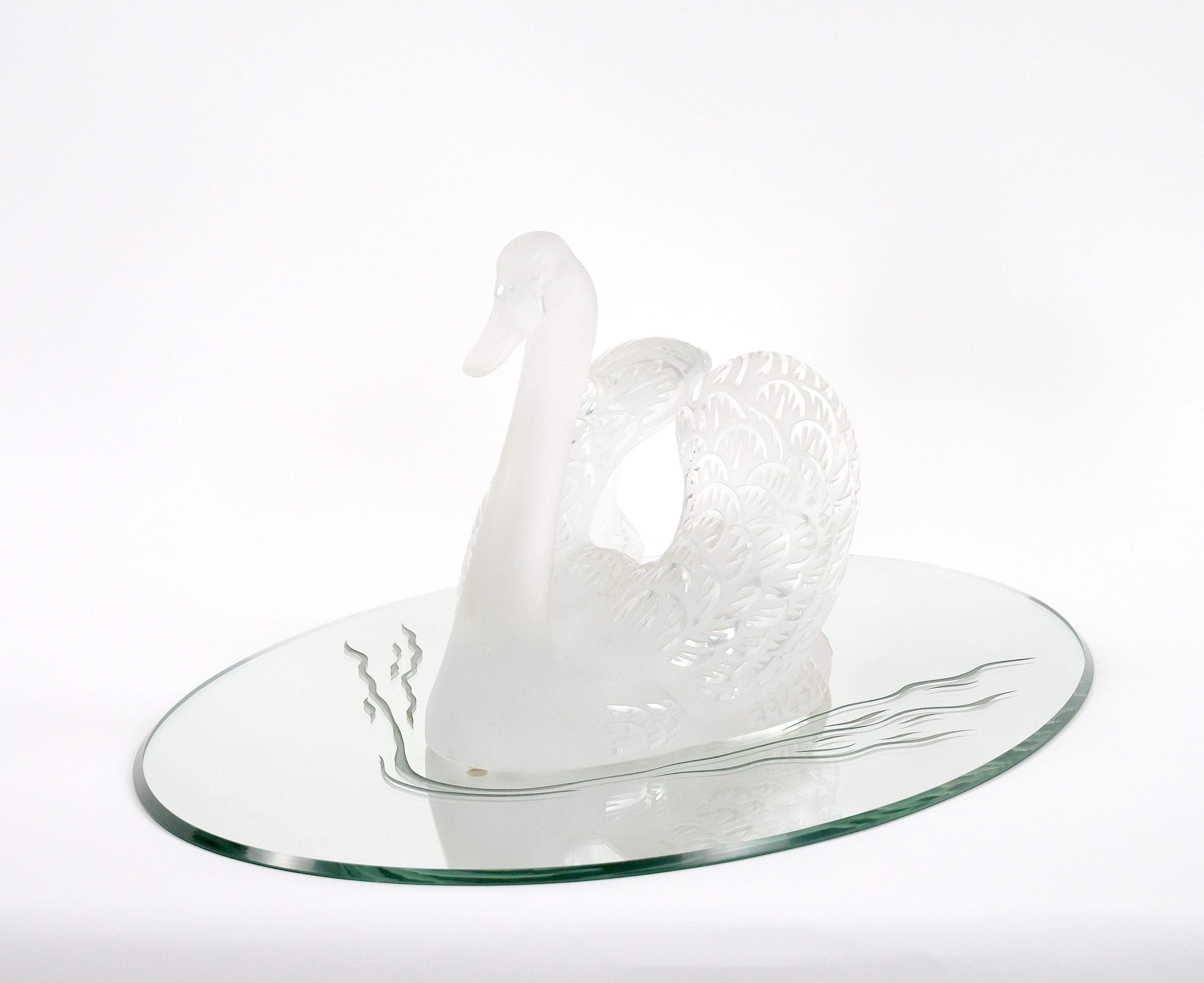 20th Century  Lalique Crystal Frosted Head Down Swan Sculpture Resting On Mirrored Plateau For Sale