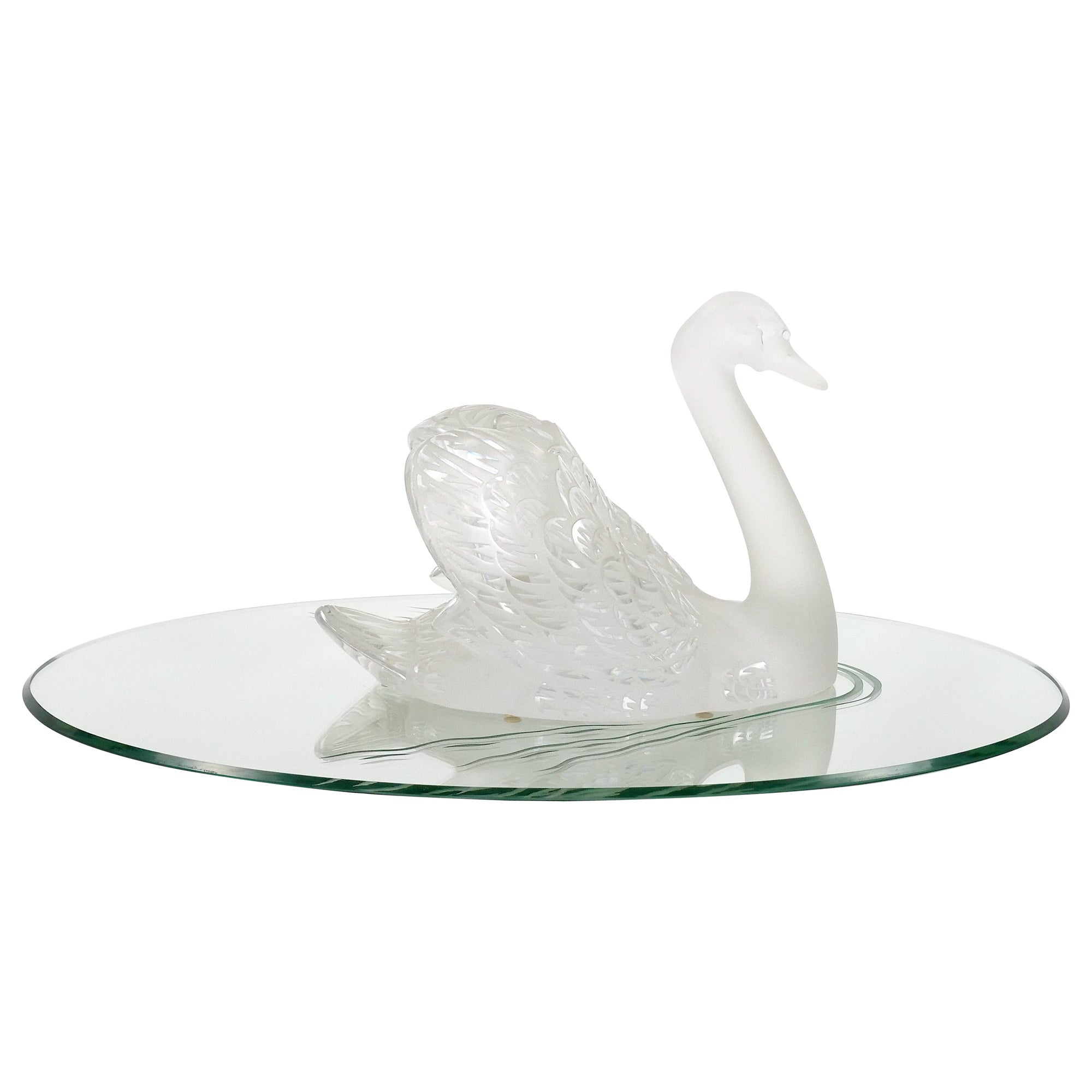 Lalique Crystal Frosted Head Down Swan Sculpture Resting On Mirrored Plateau