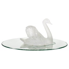 Lalique Crystal Frosted Head Down Swan Sculpture Resting On Mirrored Plateau