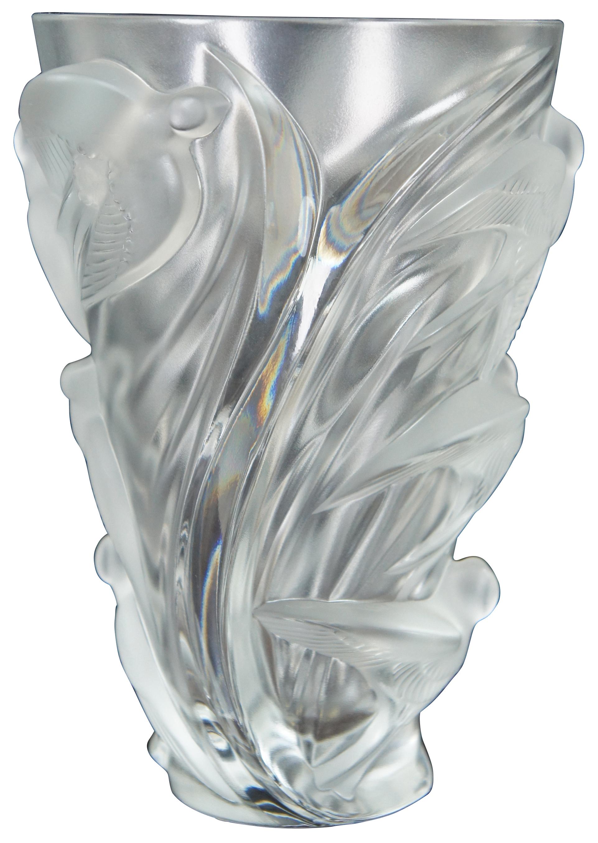 Lalique crystal martinets frosted glass flower vase swallows signed 10