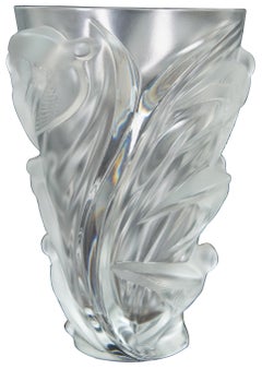 Lalique Crystal Martinets Frosted Glass Flower Vase Swallows Signed