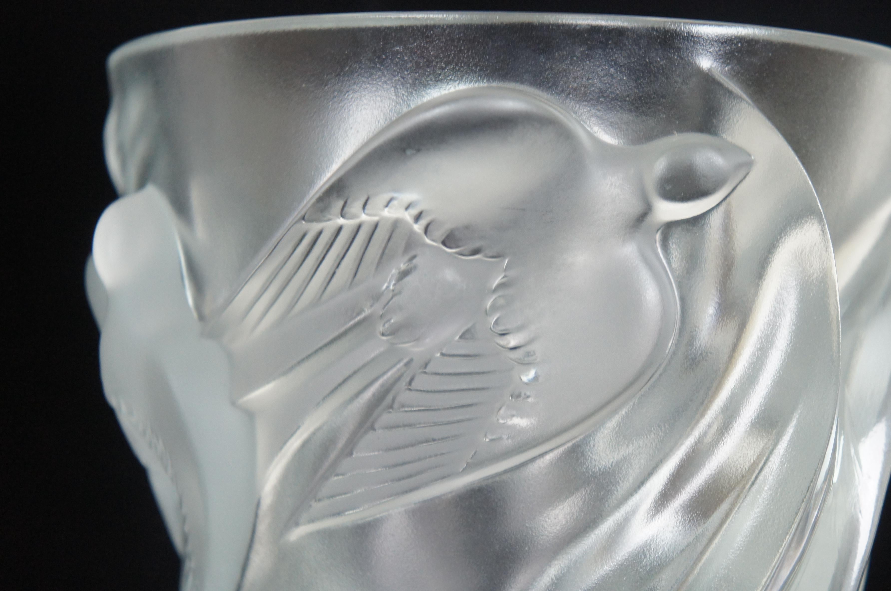 Lalique Crystal Martinets Frosted Glass Flower Vase Swallows Signed 1