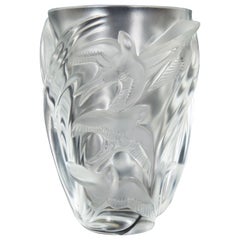 Lalique Crystal Martinets Frosted Glass Flower Vase Swallows Signed