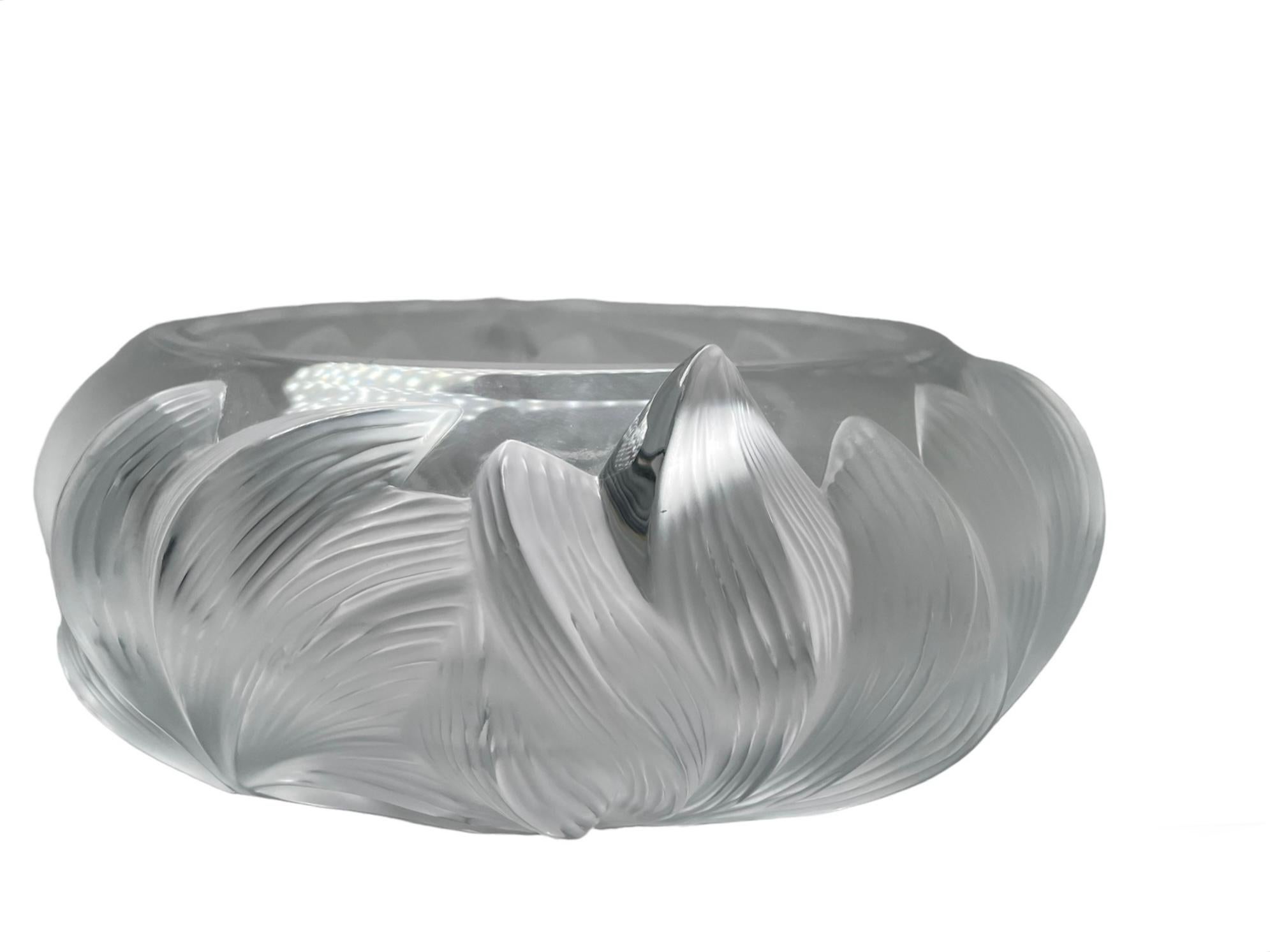French Lalique Crystal “Pivoine Peonies” Large Round Bowl Centerpiece  For Sale
