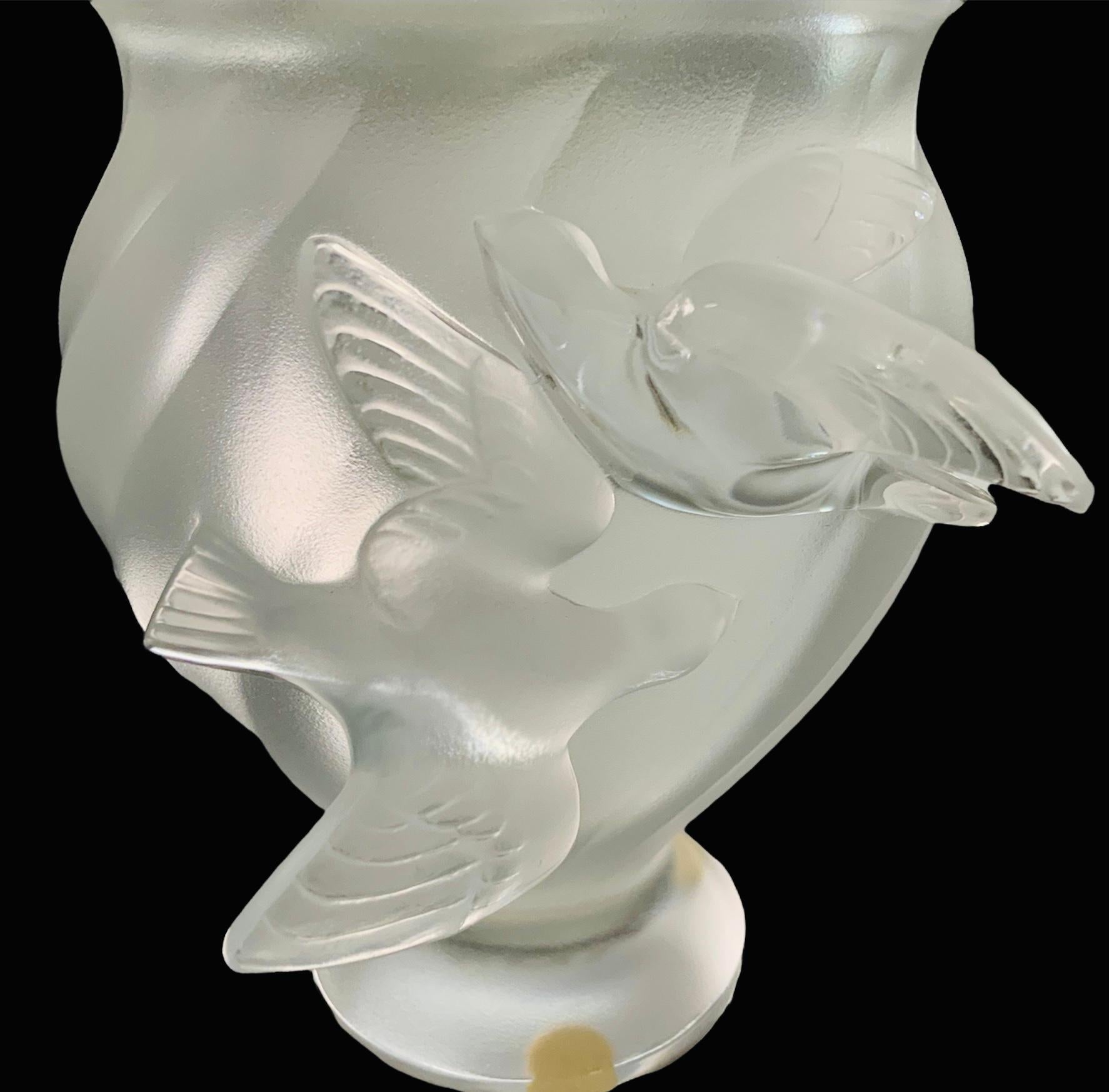 French Lalique Crystal Rosine Birds Vase For Sale