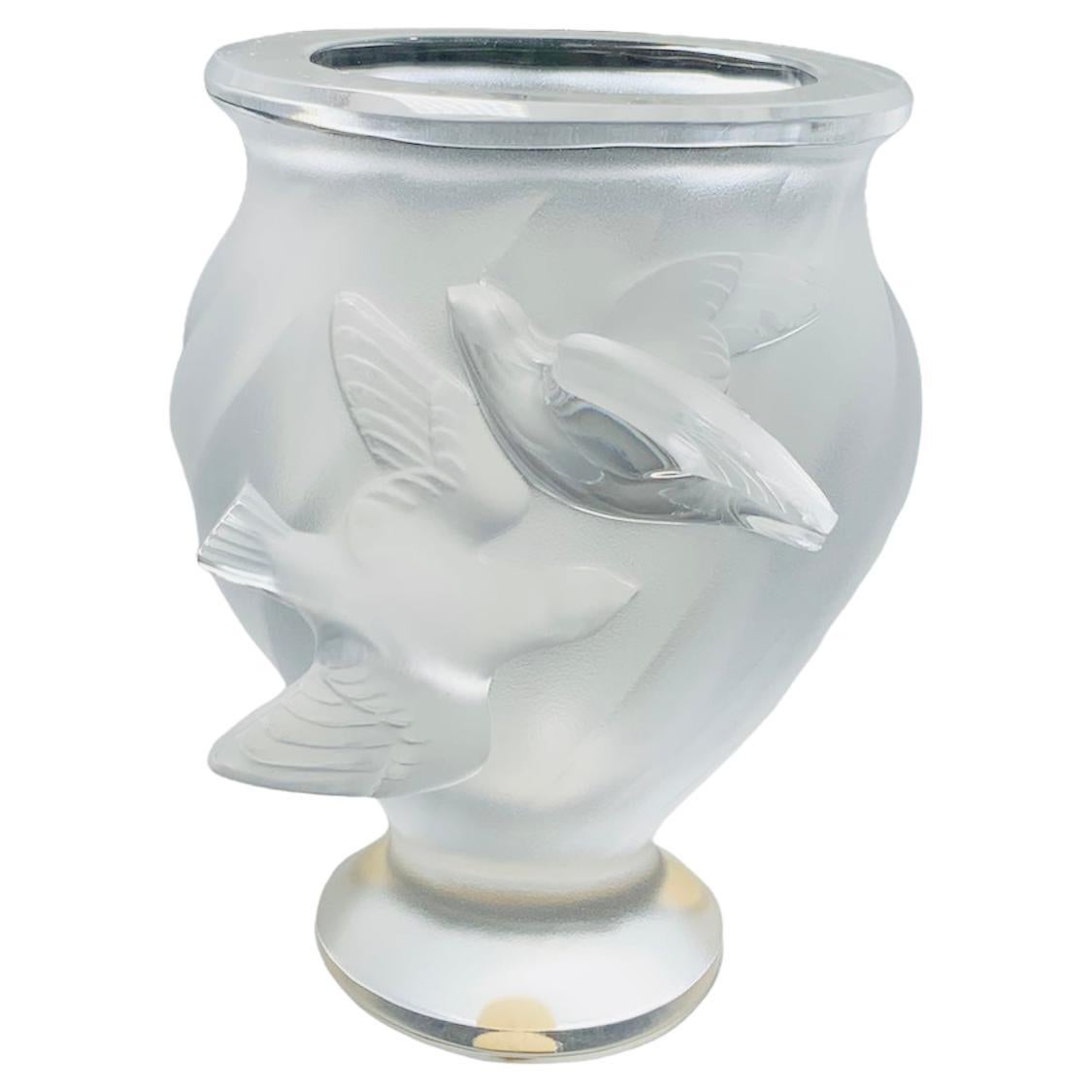 Lalique Crystal Rosine Birds Vase For Sale