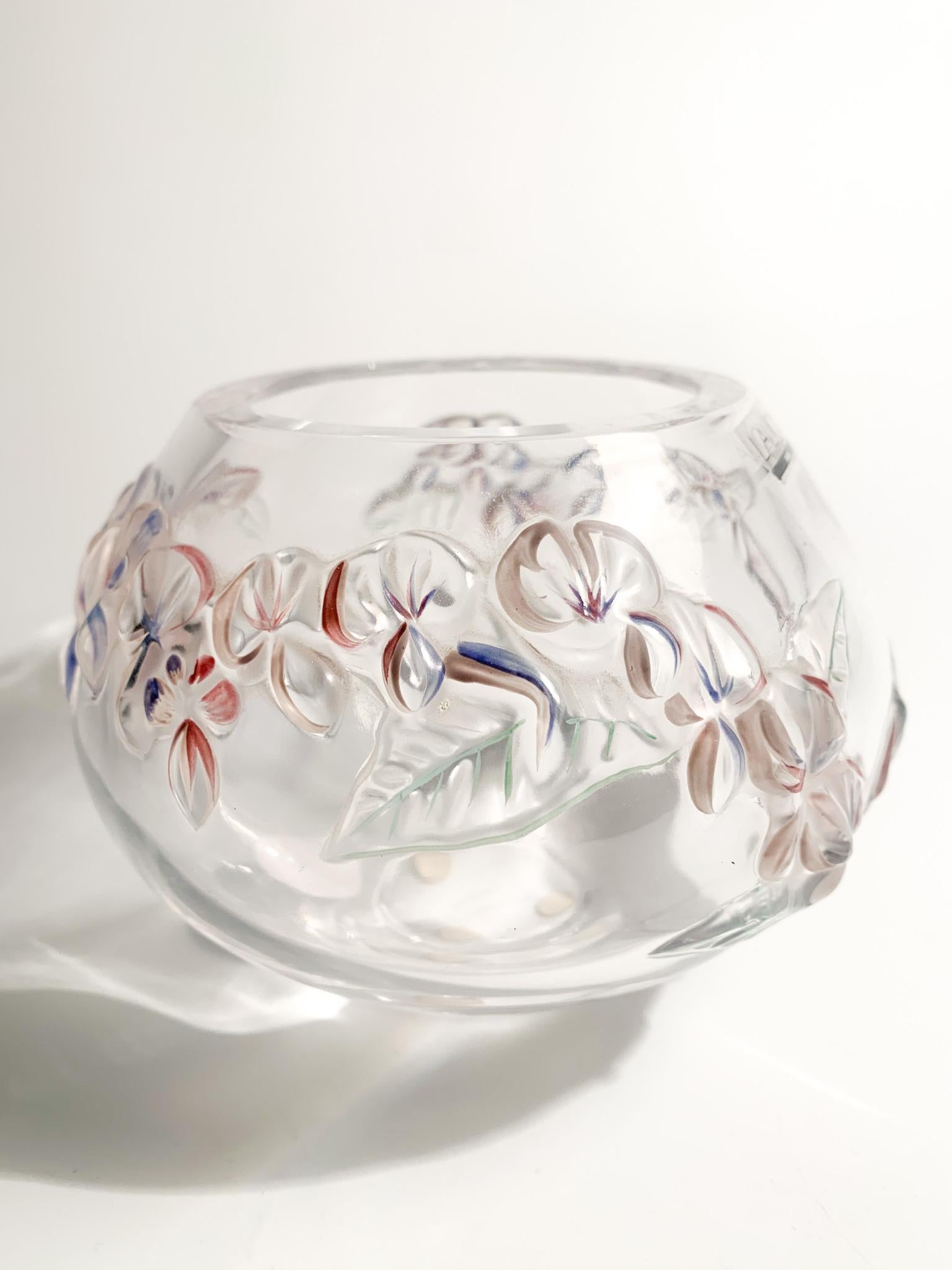 Art Nouveau Lalique Crystal Vase with Colored Flowers from the, 50s