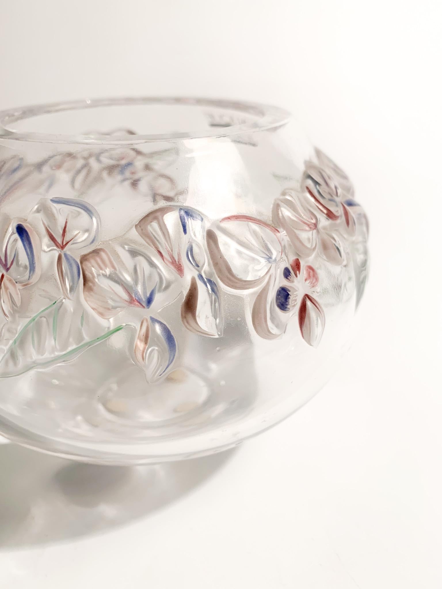 French Lalique Crystal Vase with Colored Flowers from the, 50s