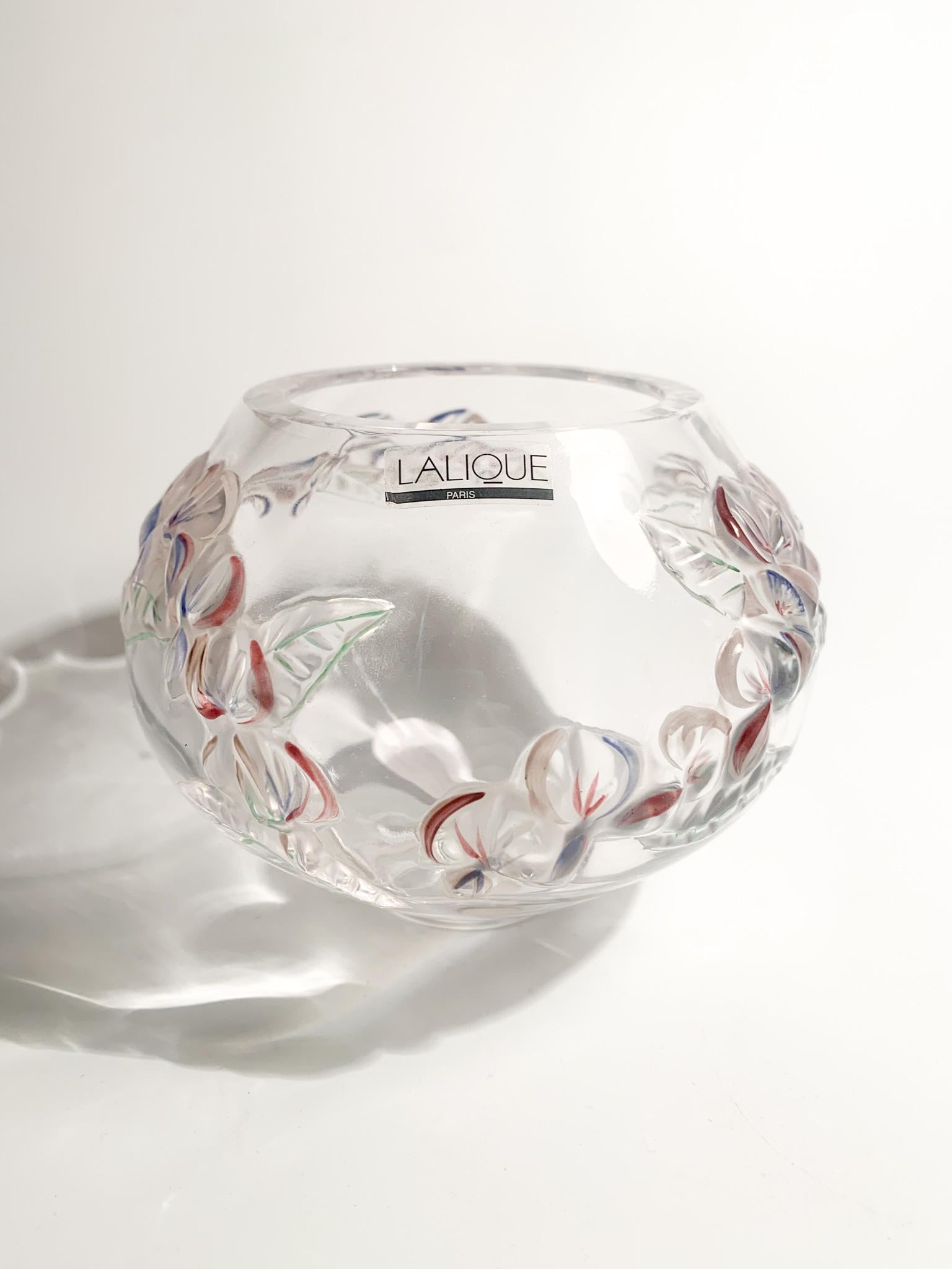 Mid-20th Century Lalique Crystal Vase with Colored Flowers from the, 50s