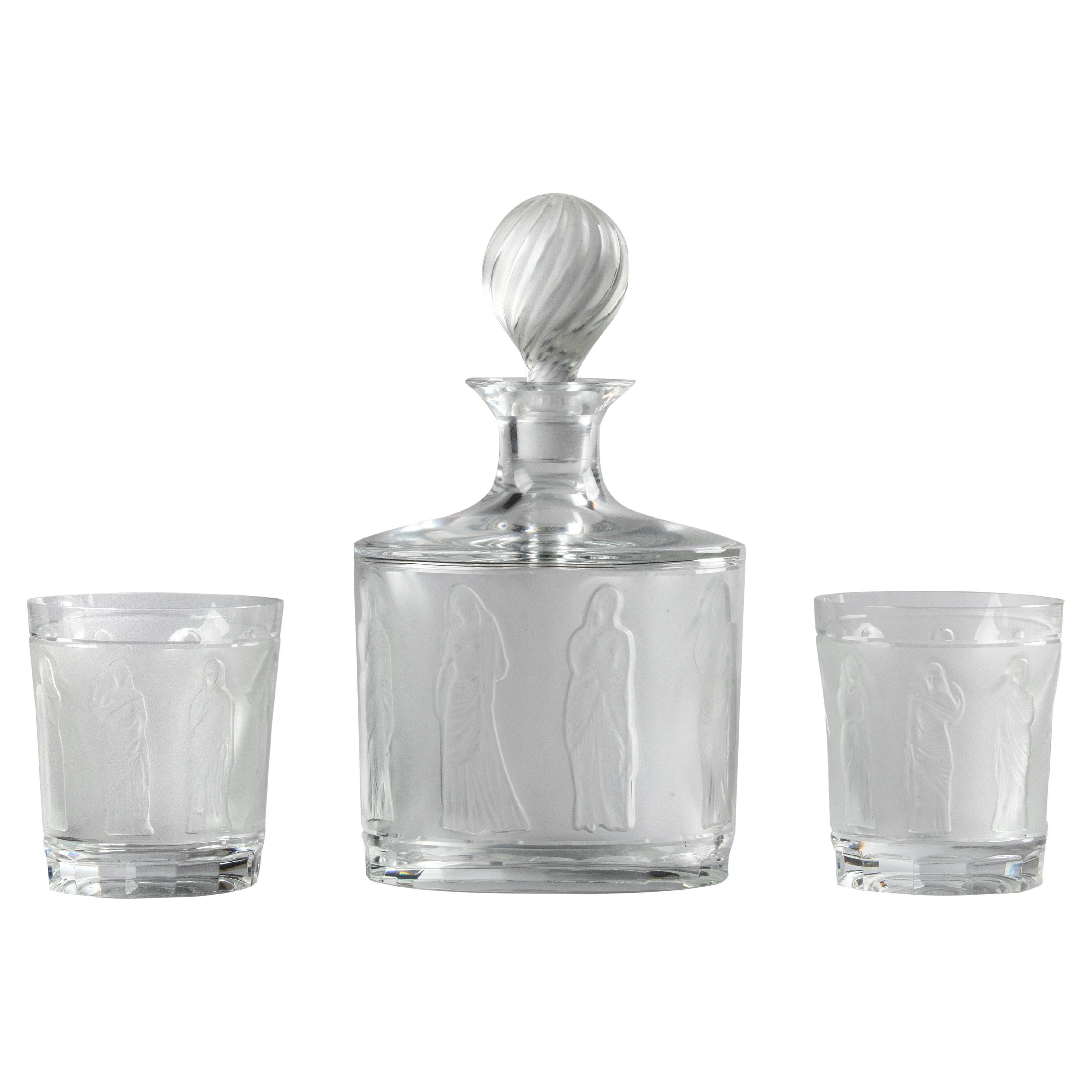 Lalique Decanter with two Whiskey Glasses Model Femmes Antiques