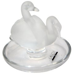 Retro Lalique Deux Cygnes Pair of Swans Clear and Satin Crystal Ring Dish