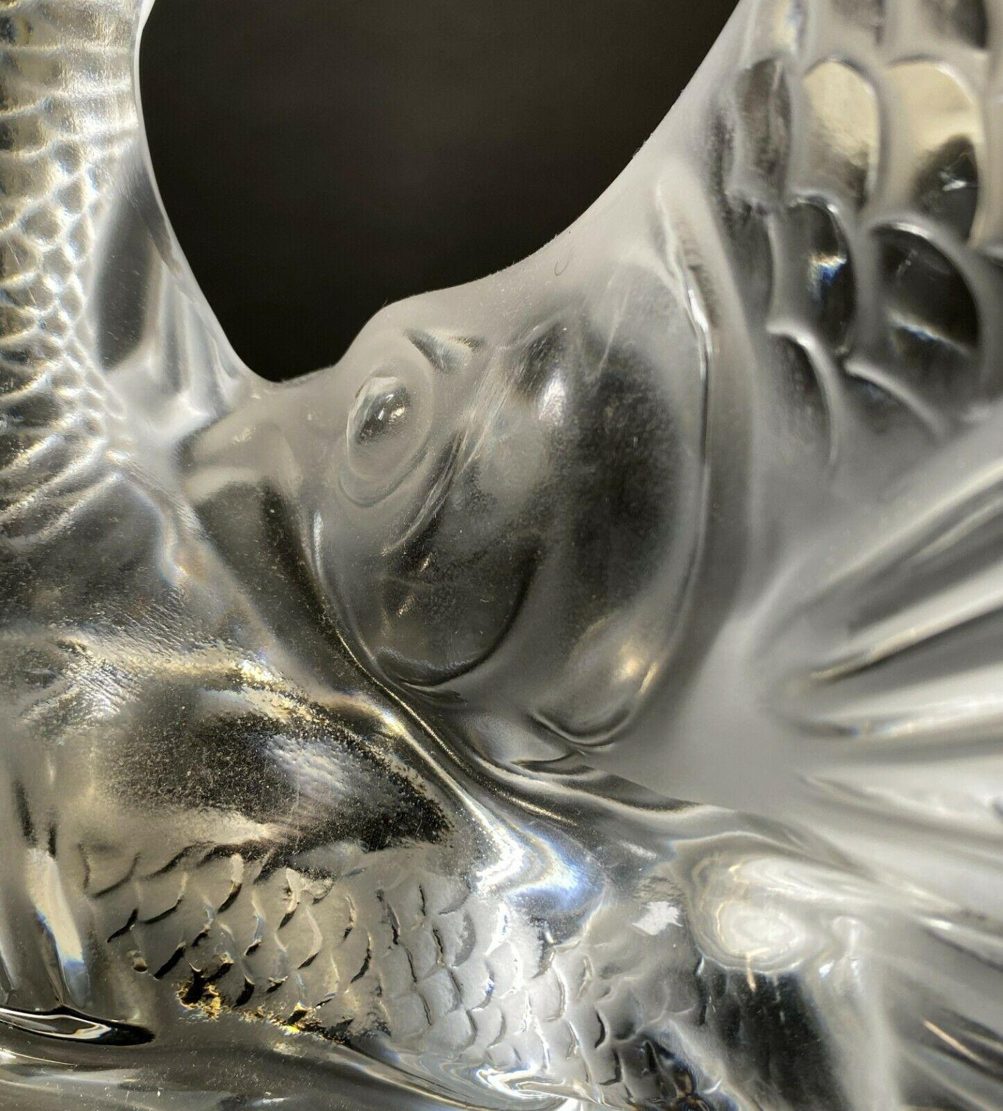 For your consideration is a stunning, Lalique, crystal glass table sculpture of double koi fish. Measures: 11.5