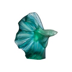 Lalique Fighting Fish Small Sculpture Mint Green, Blue Patinated Crystal
