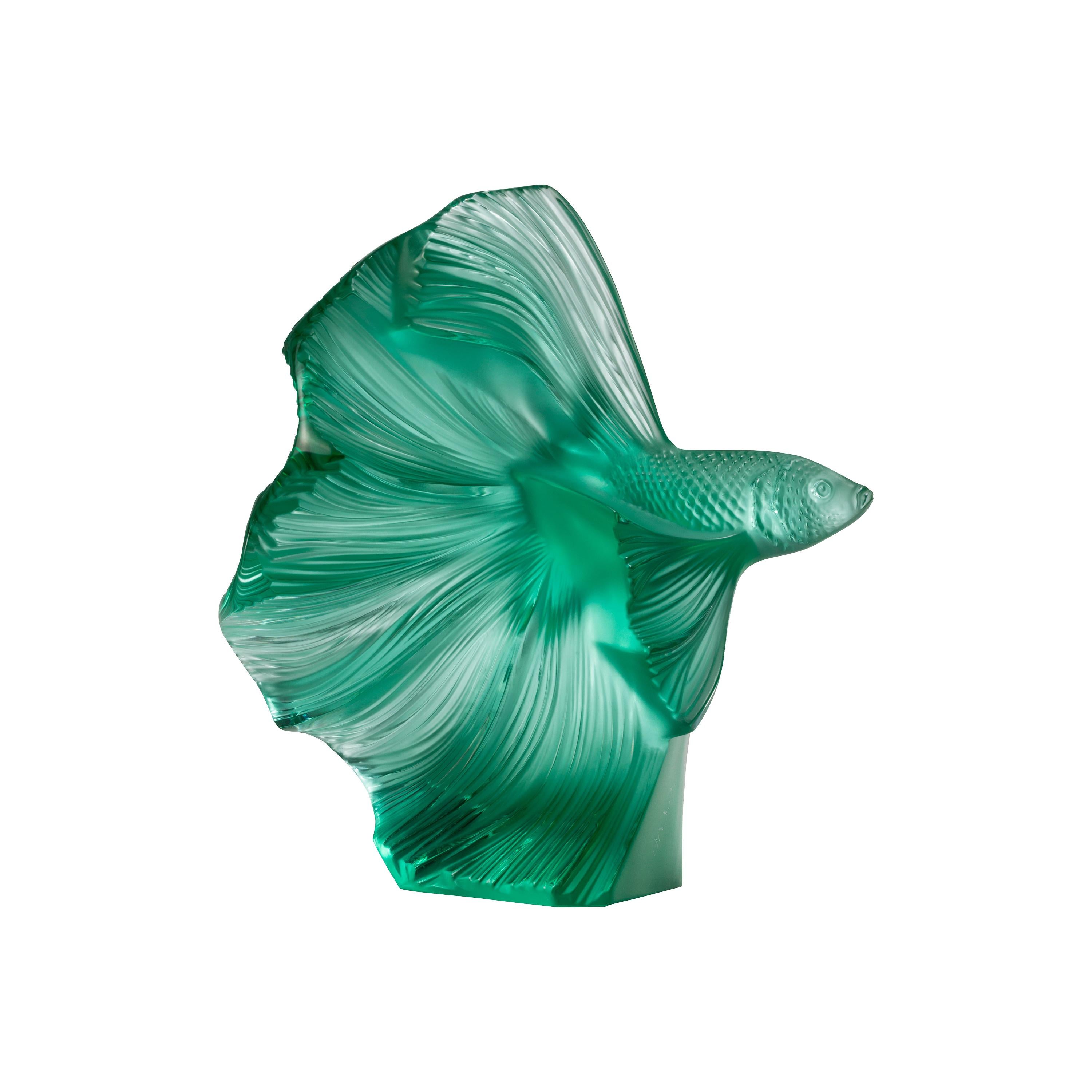 Lalique Fighting Fish Small Sculpture Mint Green Crystal For Sale