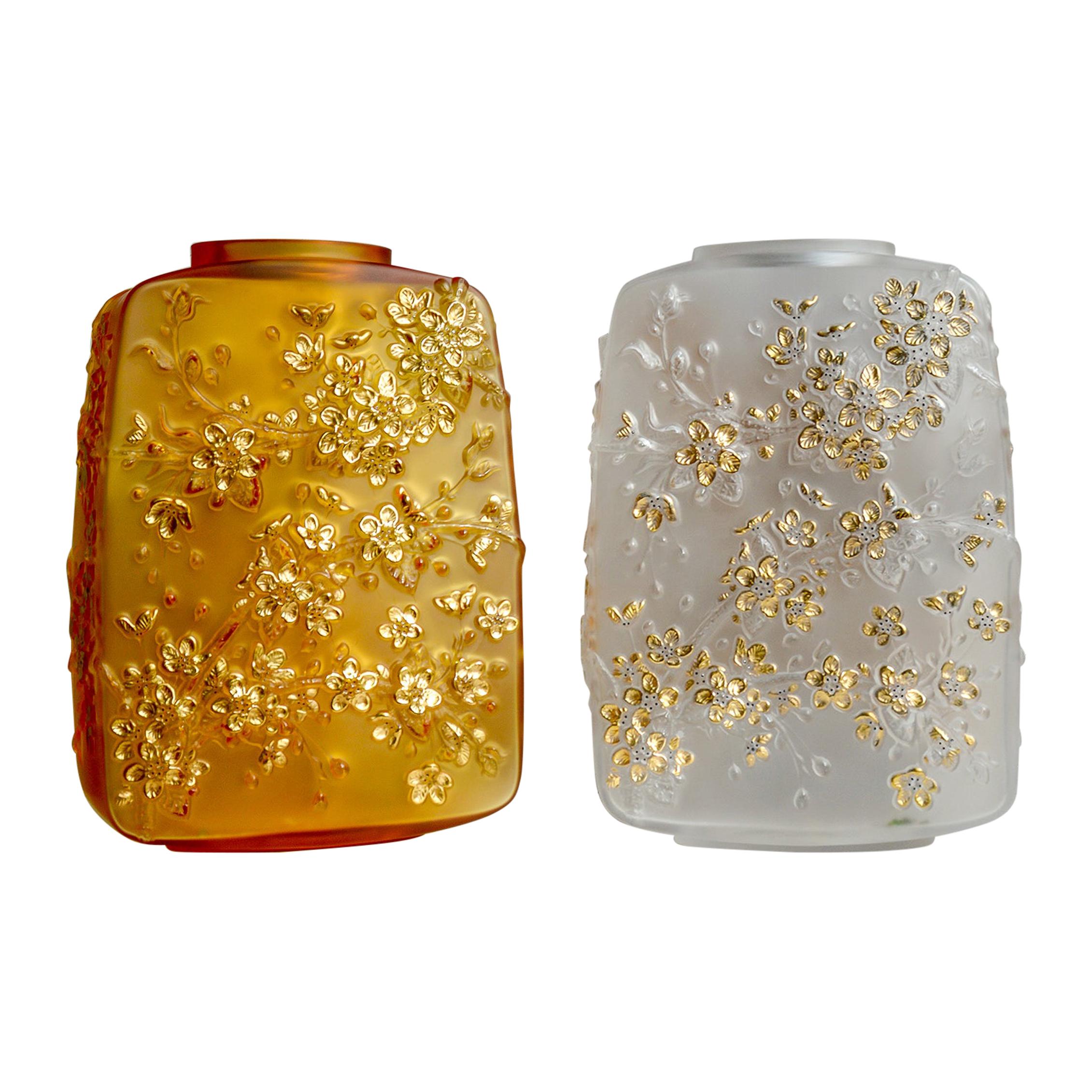 Lalique Fleurs De Cerisier Vase Amber Crystal Gold Stamped For Sale