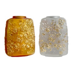 Lalique Fleurs De Cerisier Vase Amber Crystal Gold Stamped