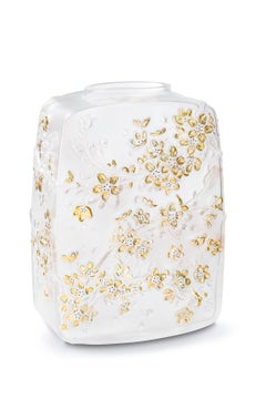 Vase Fleurs De Cerisier Lalique en cristal transparent et estampillé or