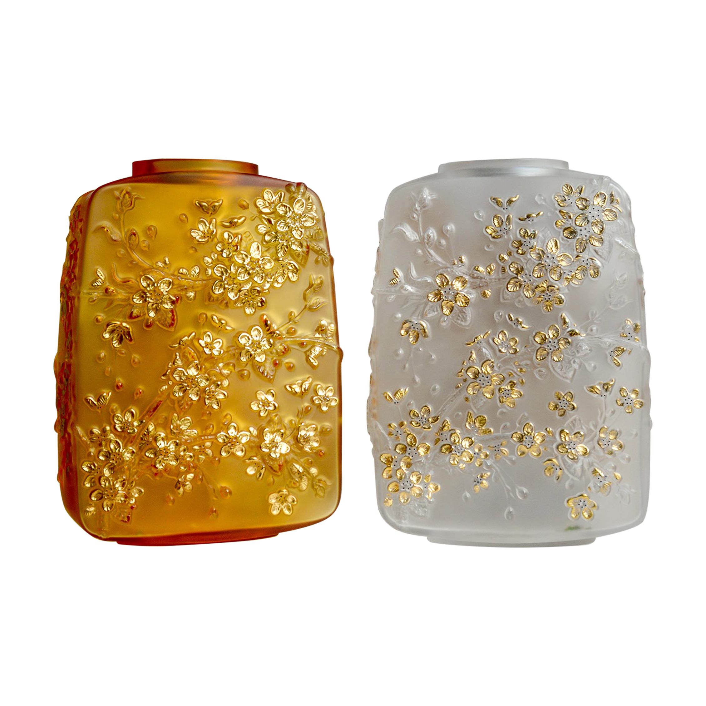 Lalique Fleurs De Cerisier Vase Clear Crystal Gold Stamped