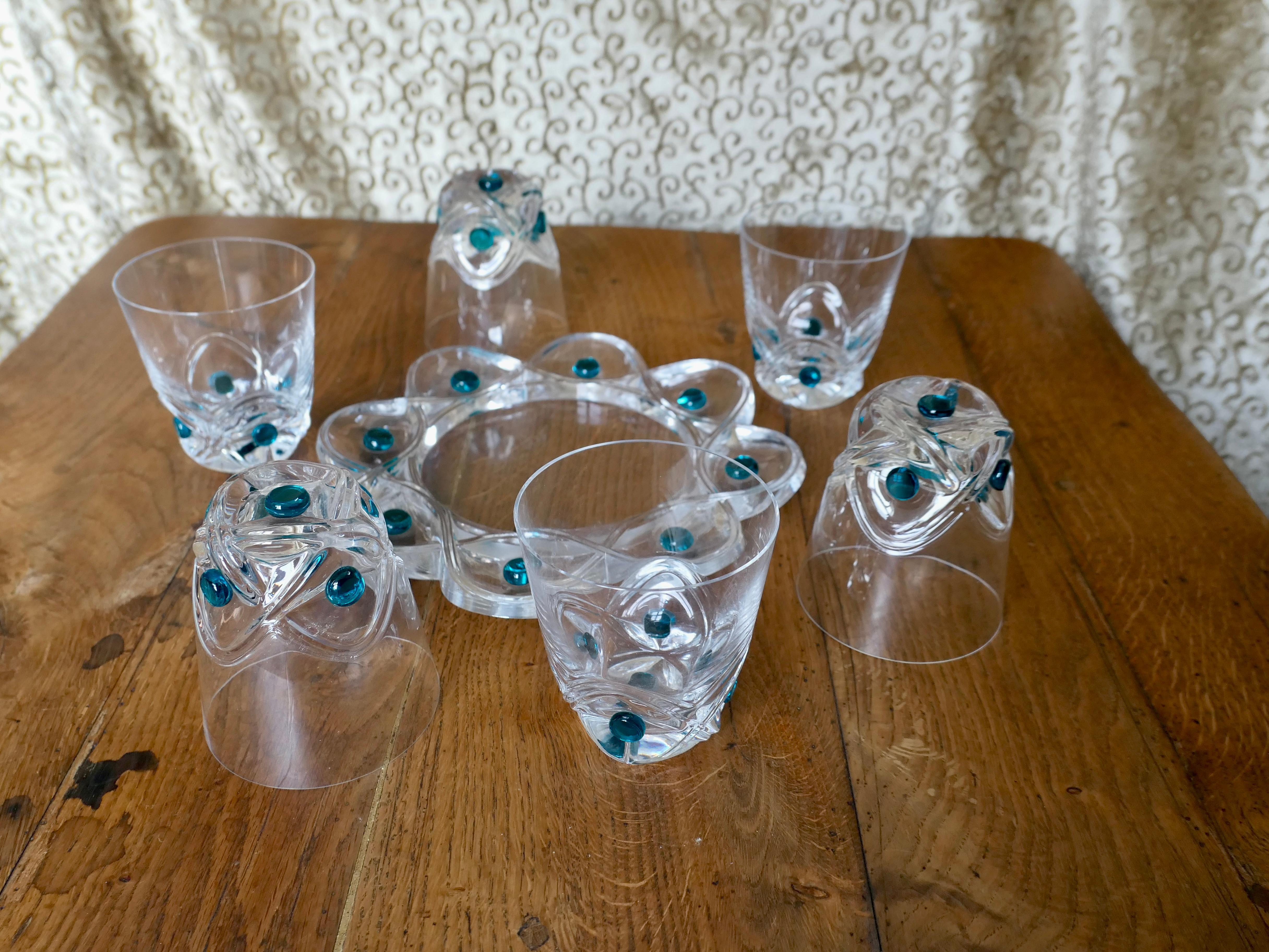 Lalique Floride Turquoise Crystal Set of 6 Whiskey Tumblers and Assiette