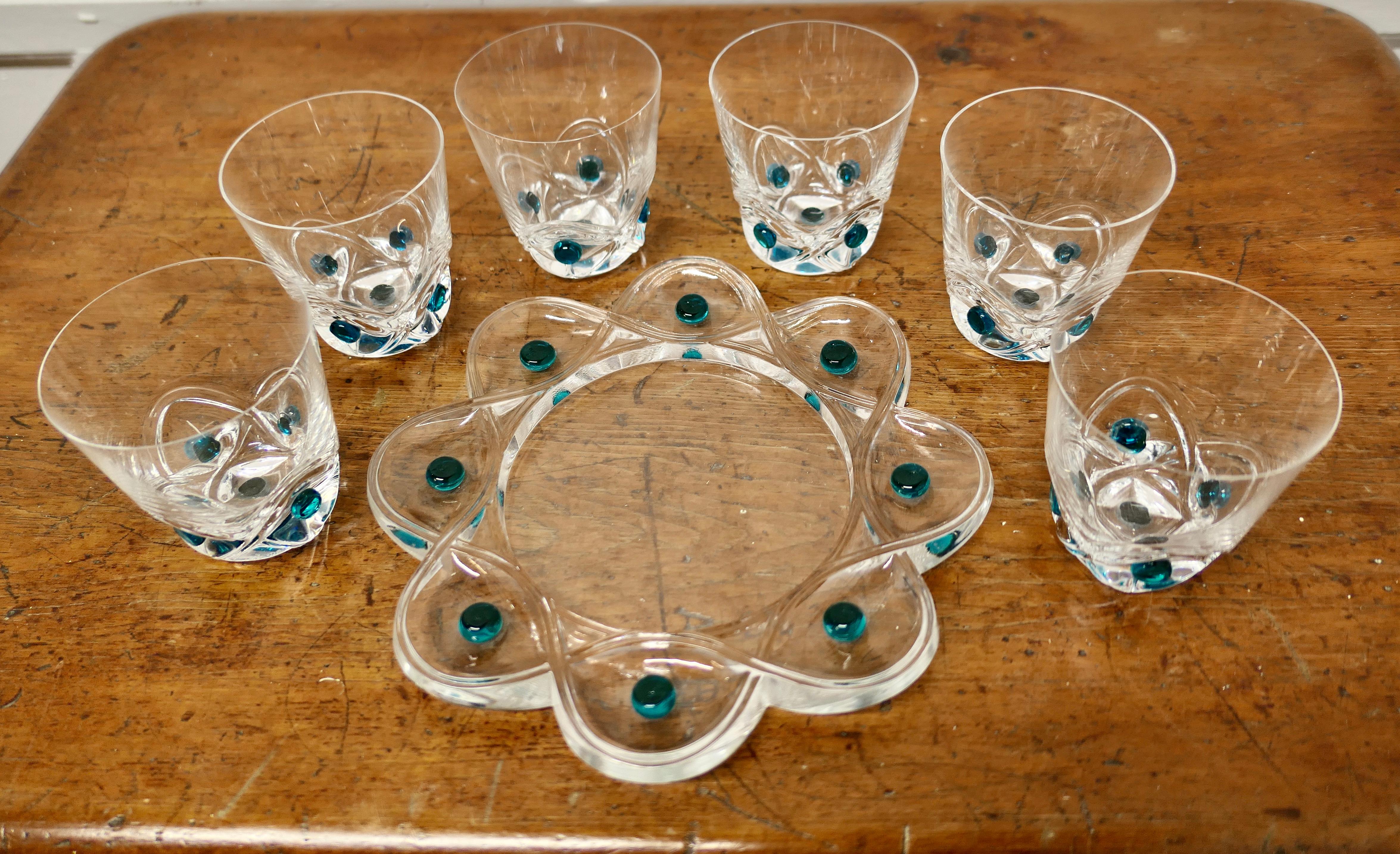 Mid-Century Modern Lalique Floride Turquoise Crystal Set of 6 Whiskey Tumblers and Assiette   For Sale