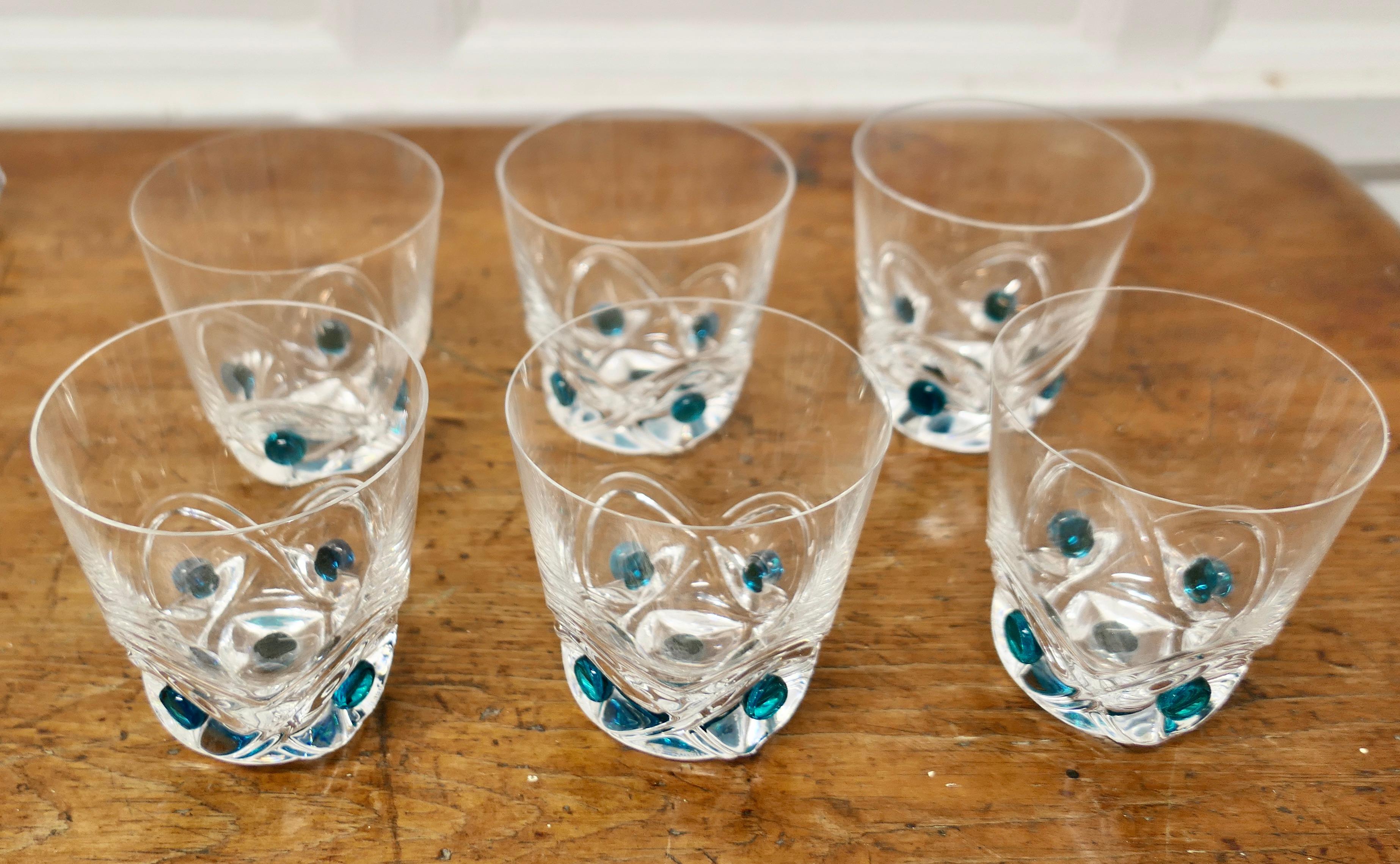 Mid-20th Century Lalique Floride Turquoise Crystal Set of 6 Whiskey Tumblers and Assiette   For Sale