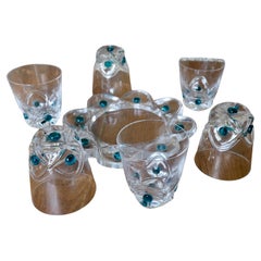 Lalique Floride Turquoise Crystal Set of 6 Whiskey Tumblers and Assiette