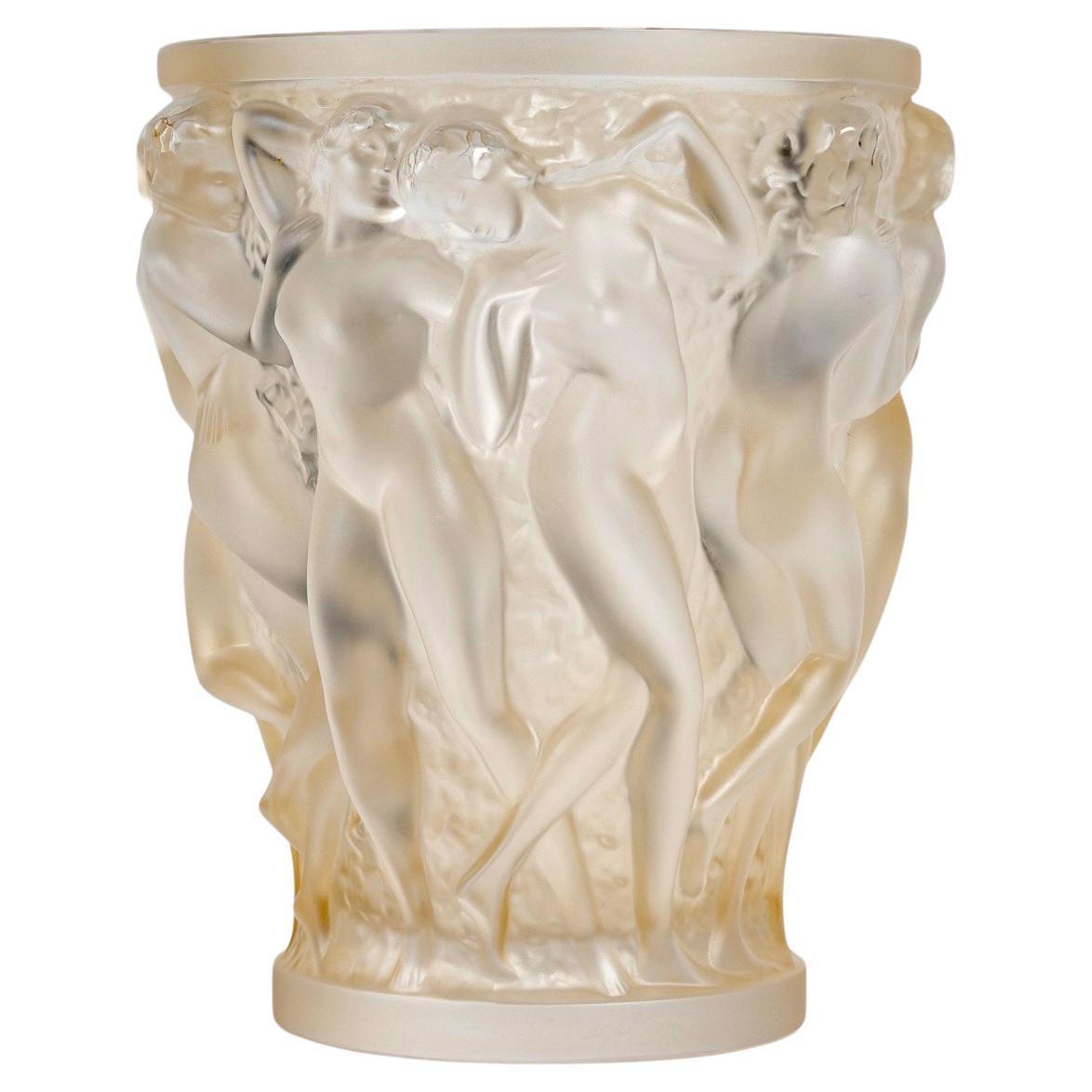 Lalique France After René Lalique - Vase Bacchantes Frosted Crystal Gold Luster For Sale