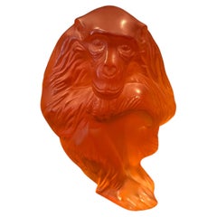 Lalique France Amber Frosted Crystal Chimpanzee Figurine, Signed