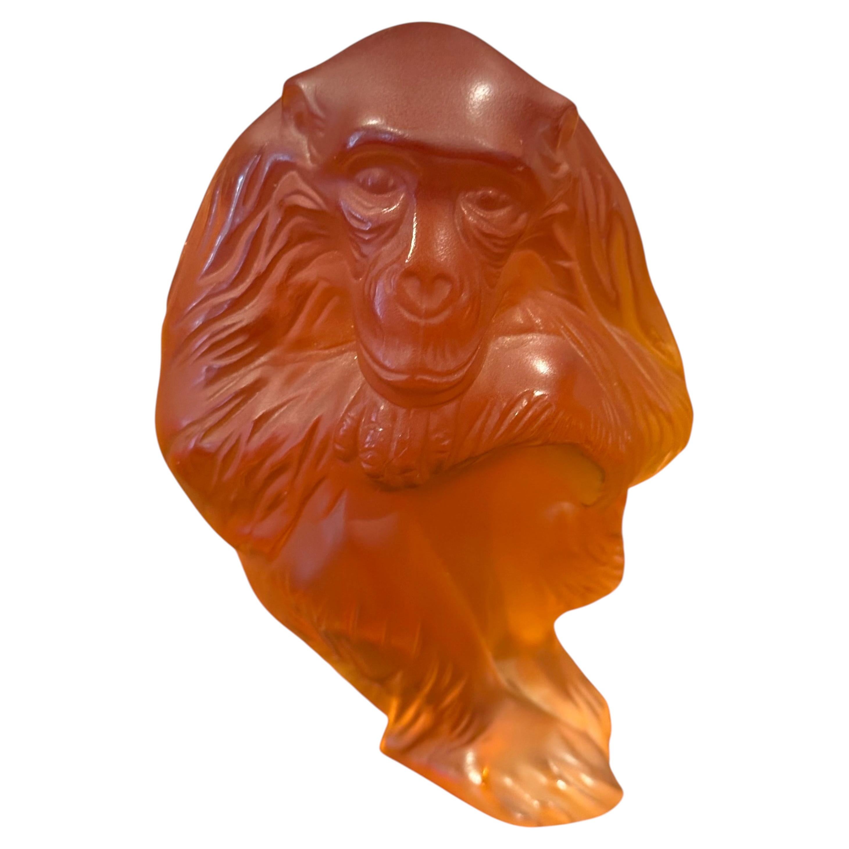 Pre-owned Lalique France Amber Frosted Crystal Chimpanzee Figurine, Signed In Brown