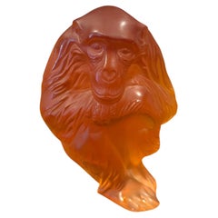 Lalique France Amber Frosted Crystal Chimpanzee Figurine, Signed
