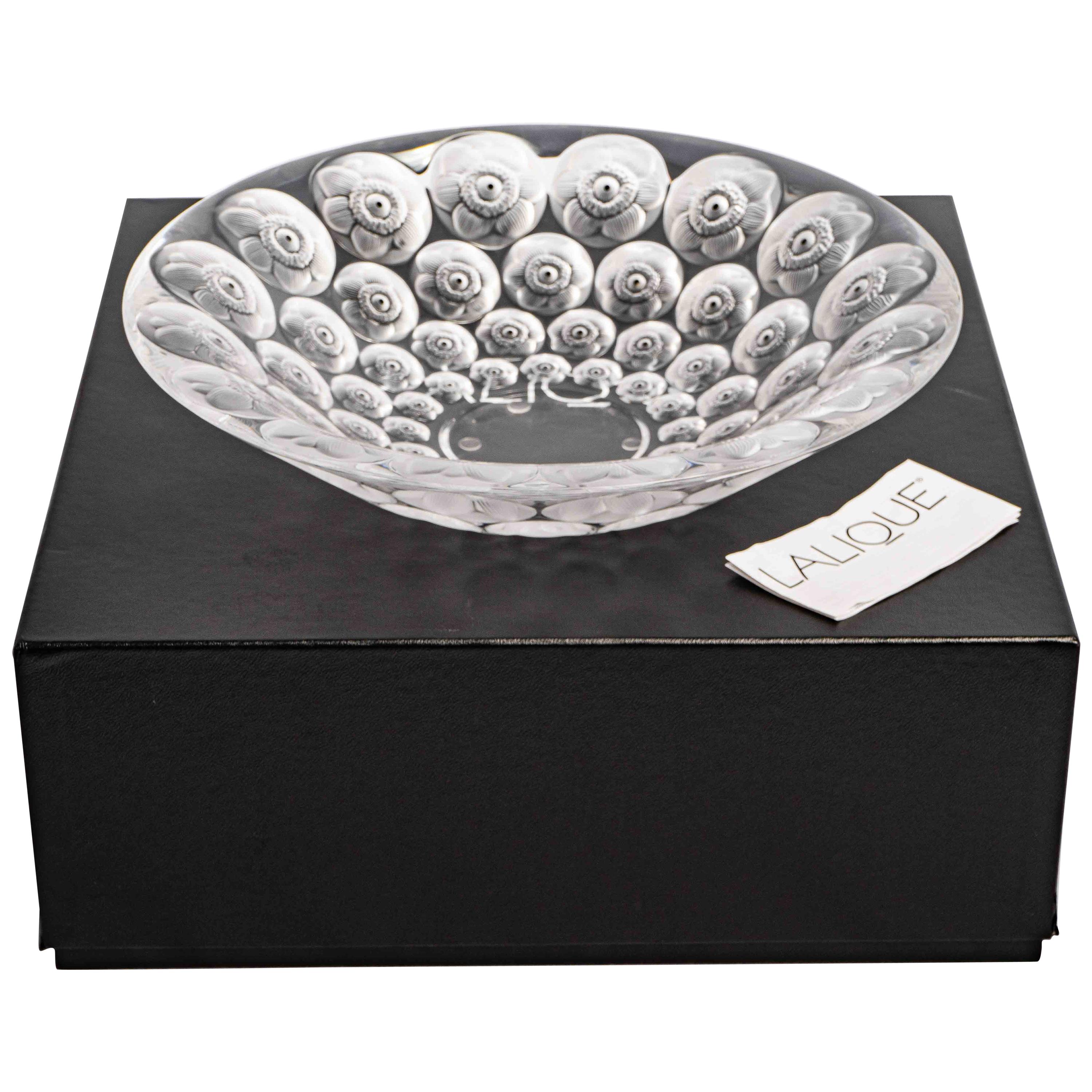Lalique France Anemones Bowl in Clear Crystal with Black Enamel as New in Box
