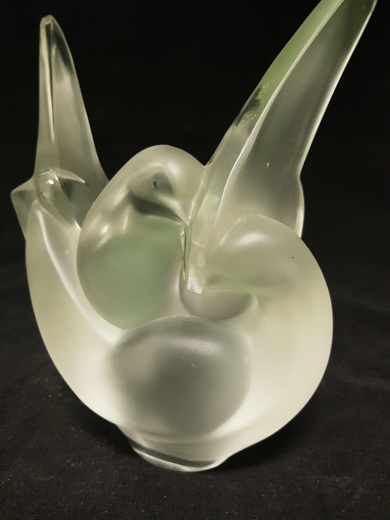Lalique France Art Deco Satin Glass Flower Bird Vase, 1940s at 1stDibs