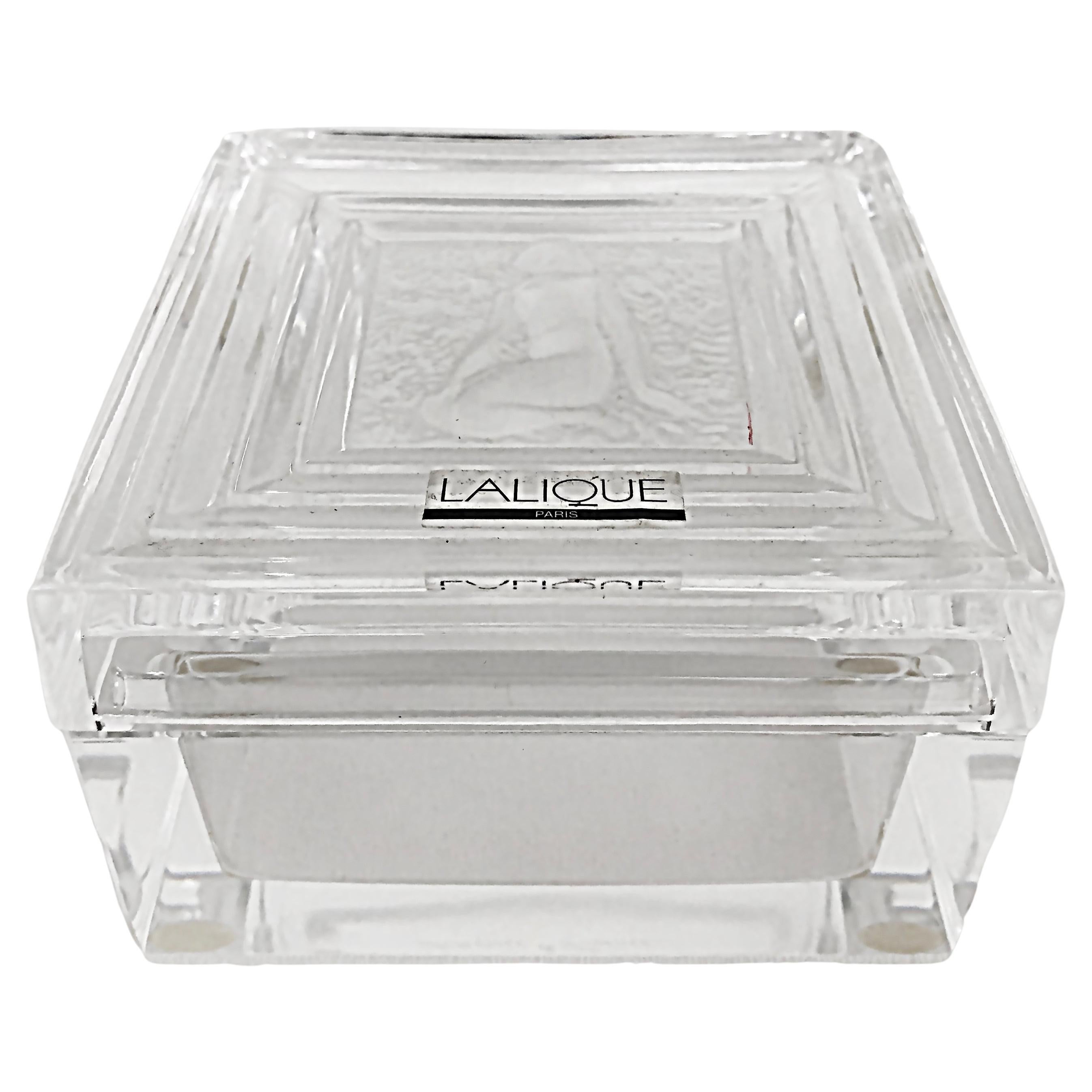 Lalique France Covered Crystal Vanity Box with Etched Lid