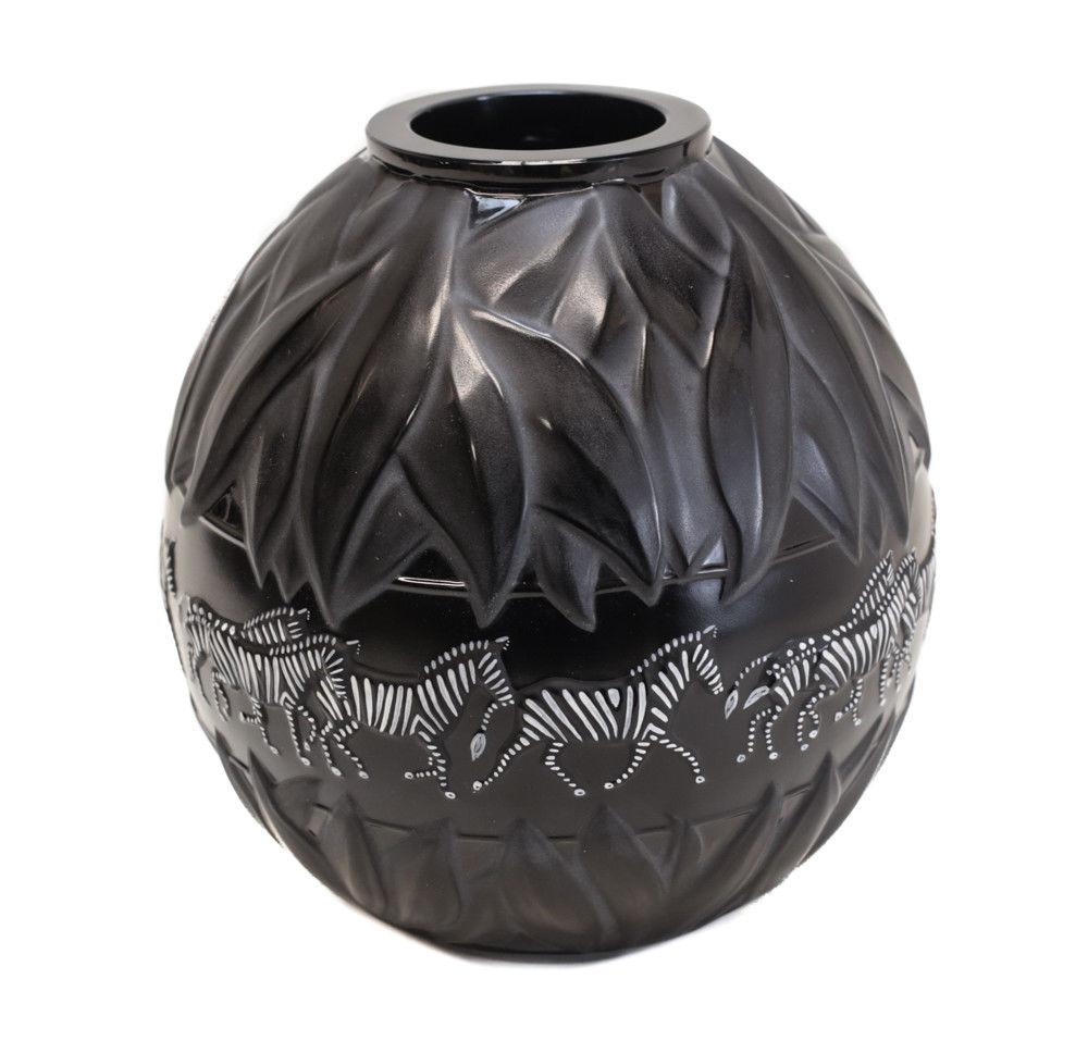 European Lalique France Crystal Art Glass and Enamel Tanzania Black Vase