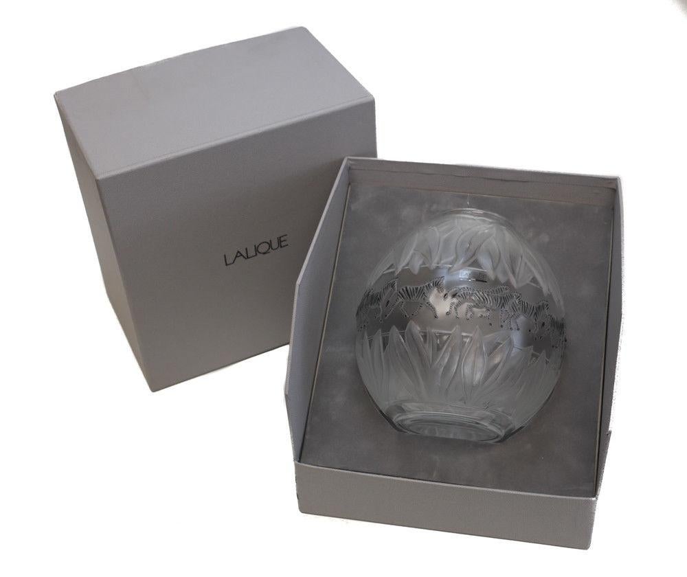 Lalique France Crystal Art Glass and Enamel Tanzania White Vase, Original Box In Excellent Condition In Pasadena, CA