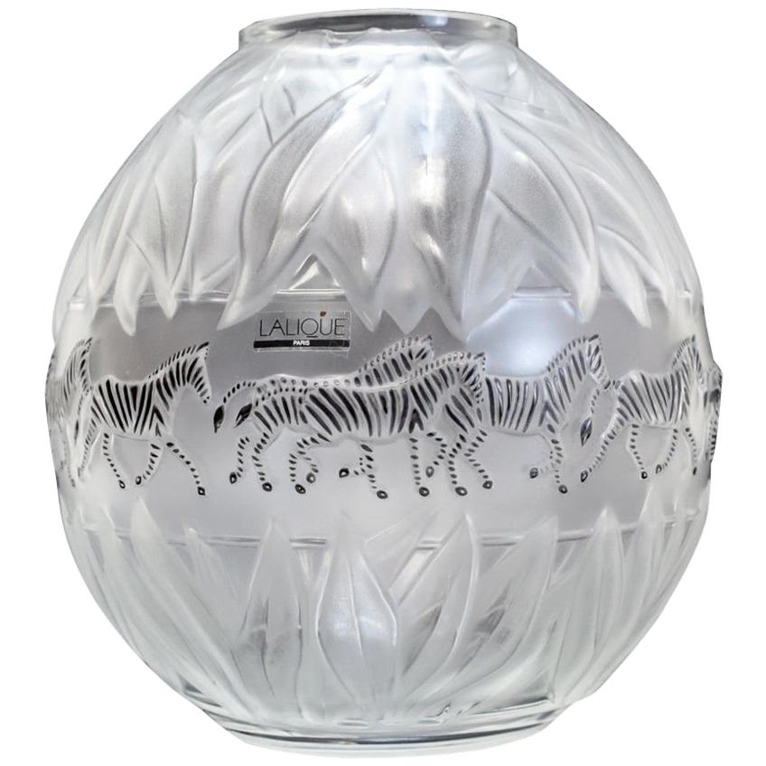 Lalique France Crystal Art Glass and Enamel Tanzania White Vase, Original Box