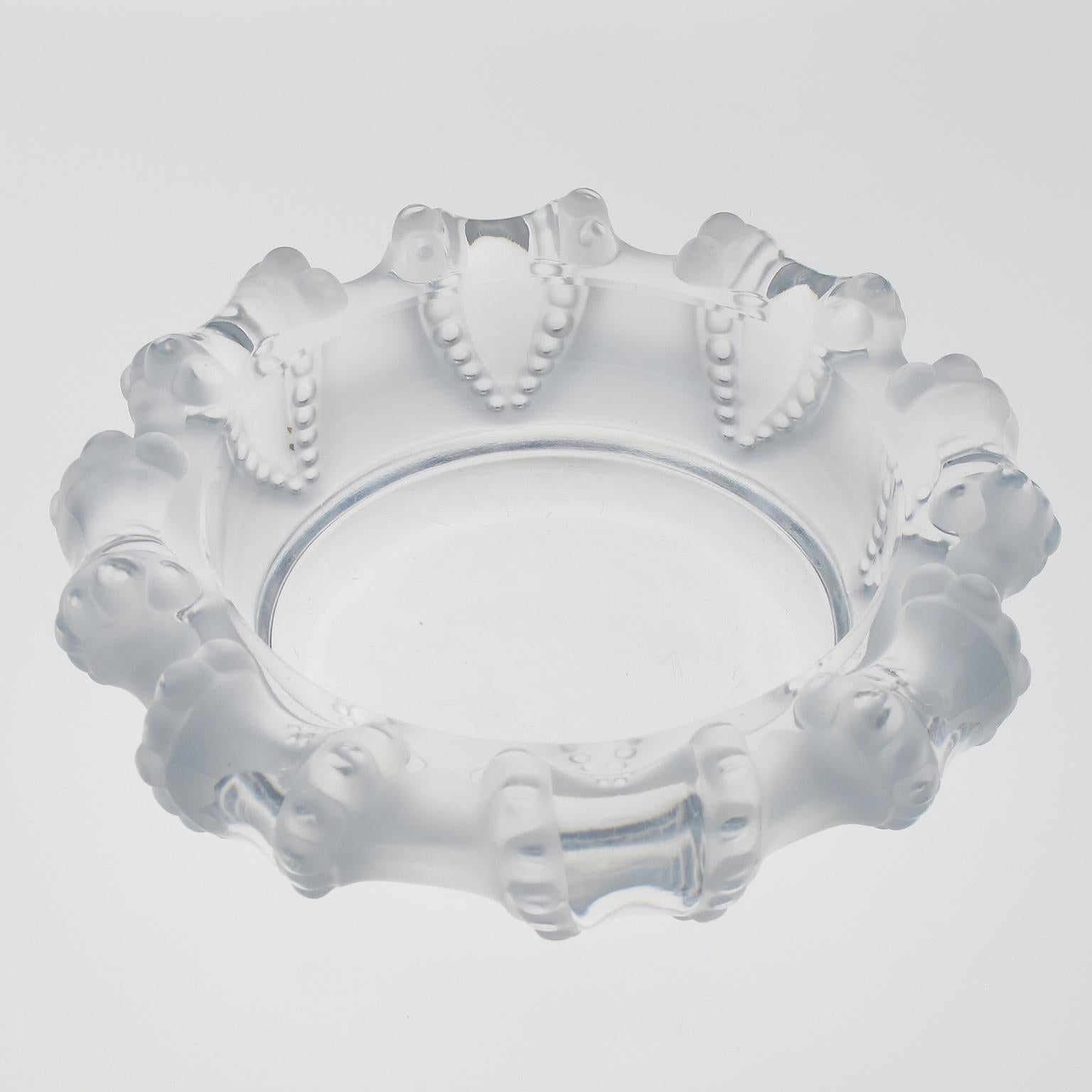 Lovely Lalique France crystal cigar ashtray or bowl or desk tidy with heavily carved pattern all around. Known as the 