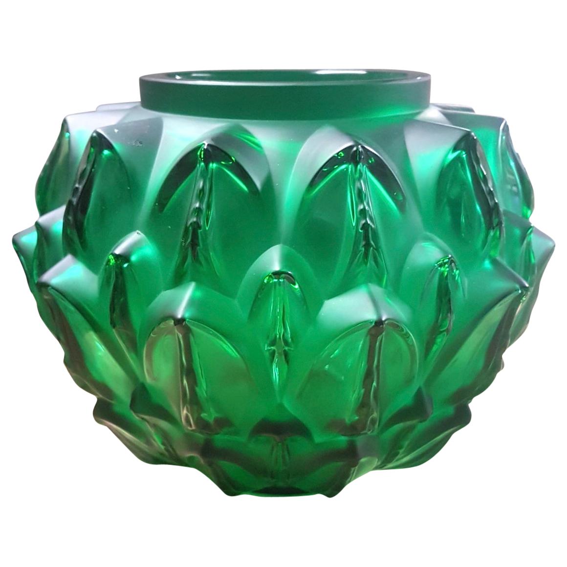 Lalique France Cynara Vase in Emerald Green Crystal as New in Box, Leaves