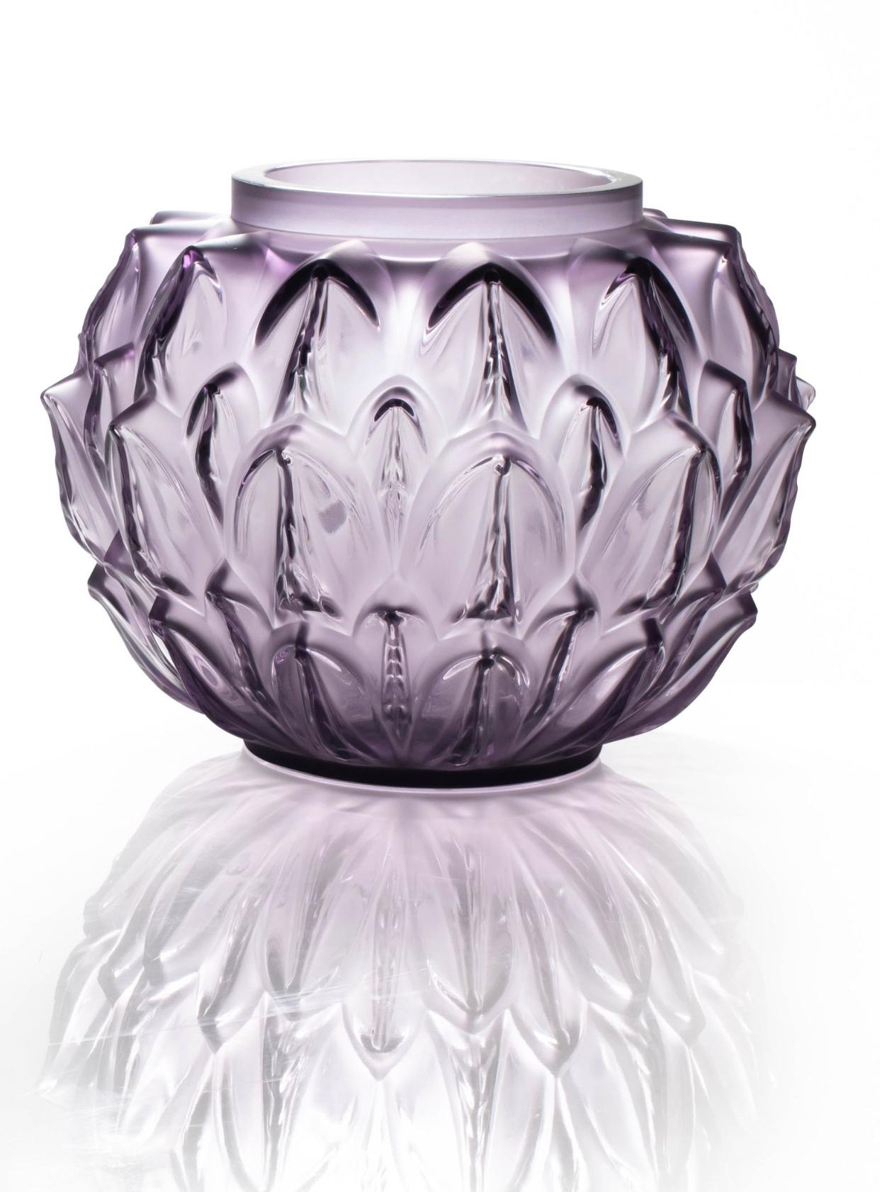 French Lalique France Cynara Vase in Light Purple Crystal as New in Box, Leaves