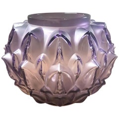 Lalique France Cynara Vase in Light Purple Crystal as New in Box, Leaves